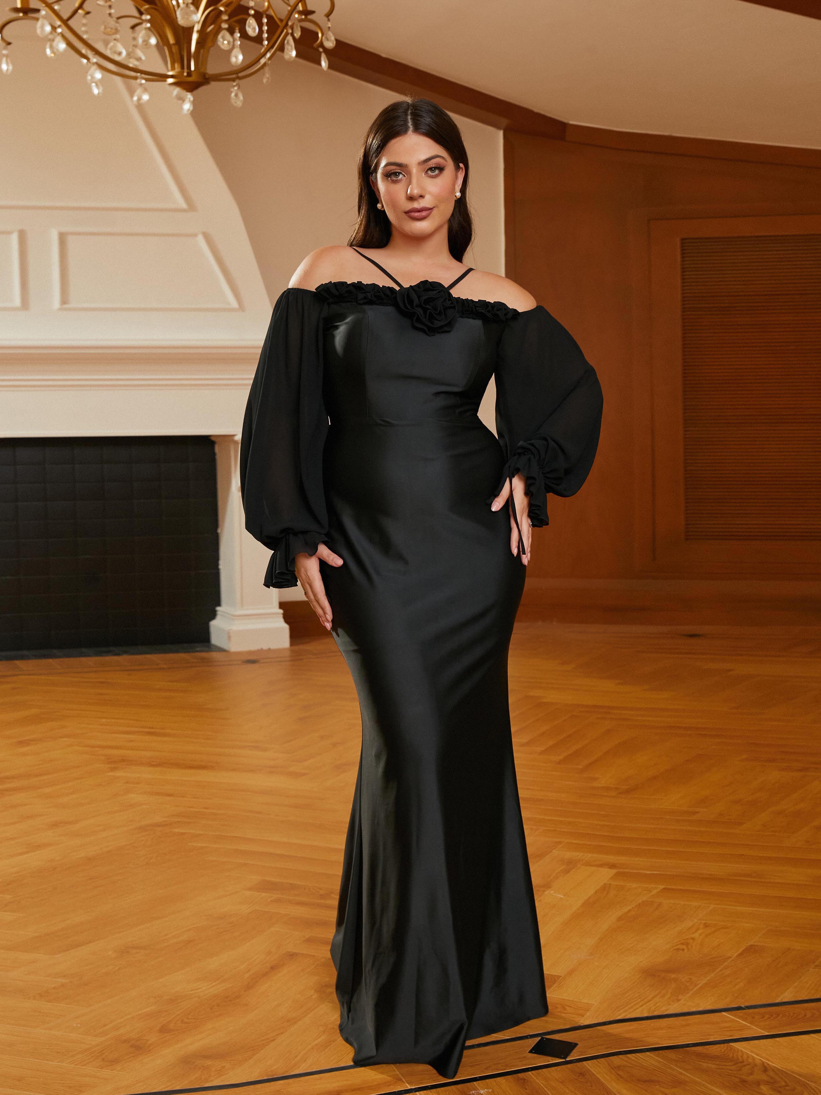 MISSORD Plus Size Halter Appliqued Panel Black Prom Dress