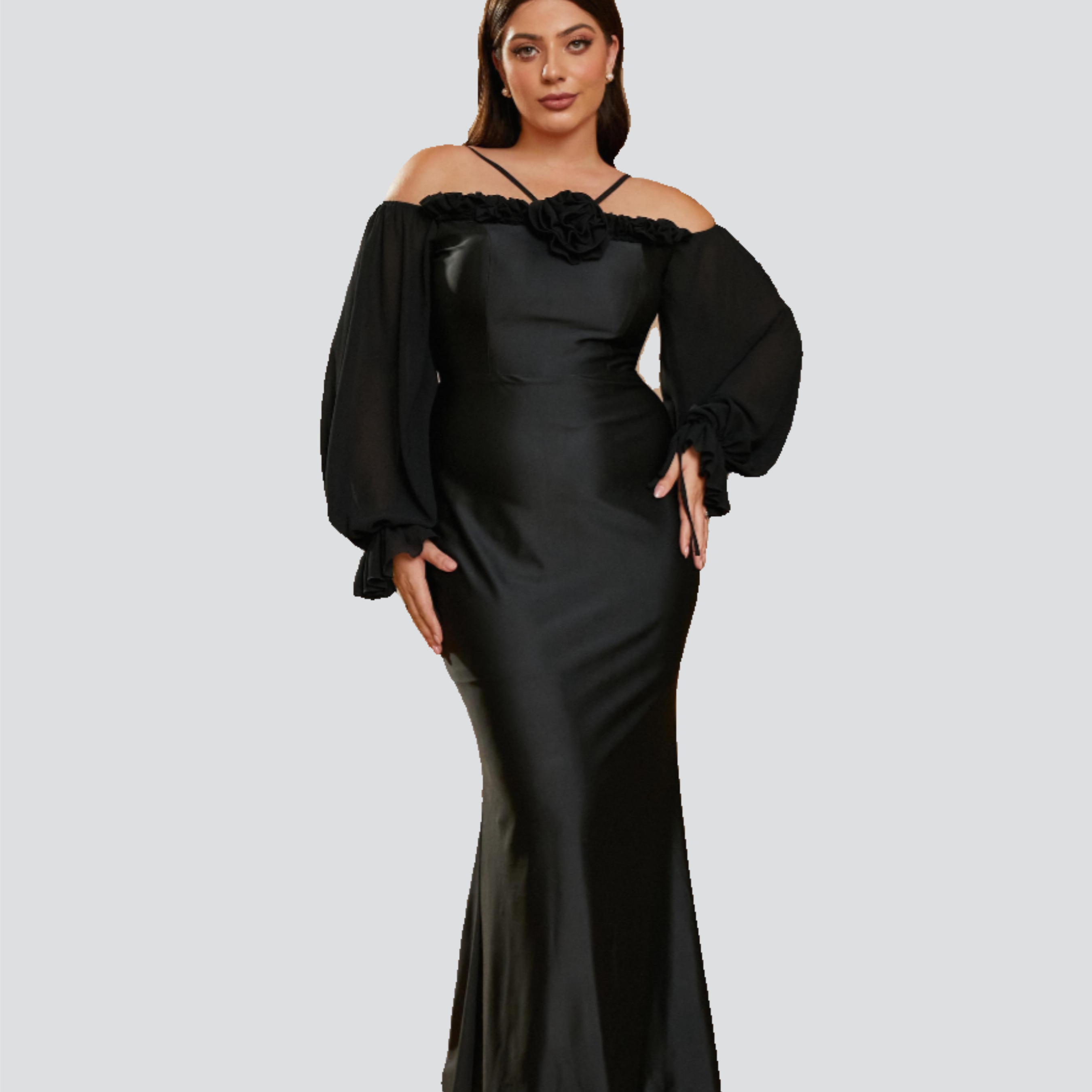 Plus Size Halter Appliqued Panel Black Prom Dress PRJ10954