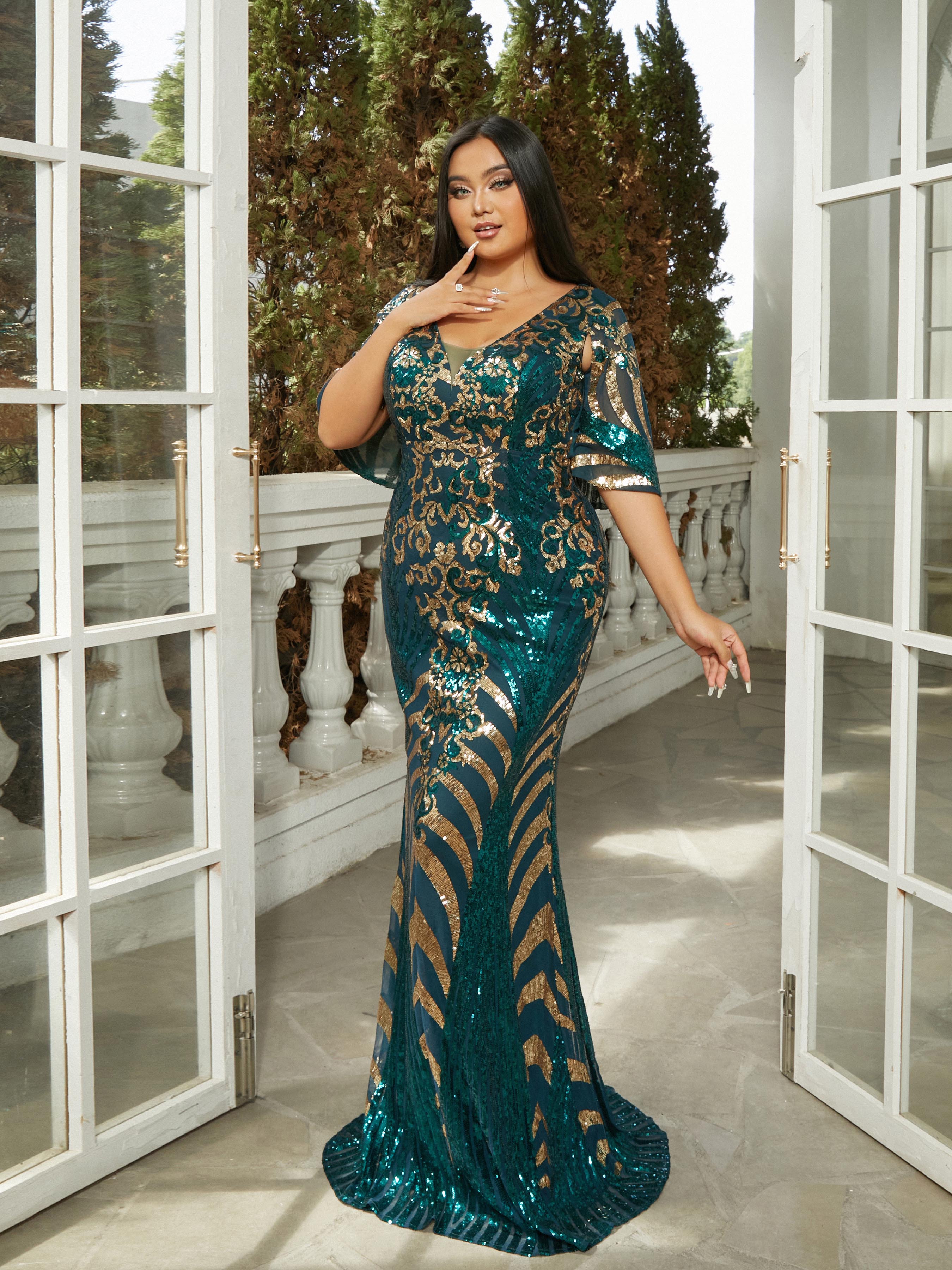 Plus V-neck Mermaid Sequin Green Dress PRH30738