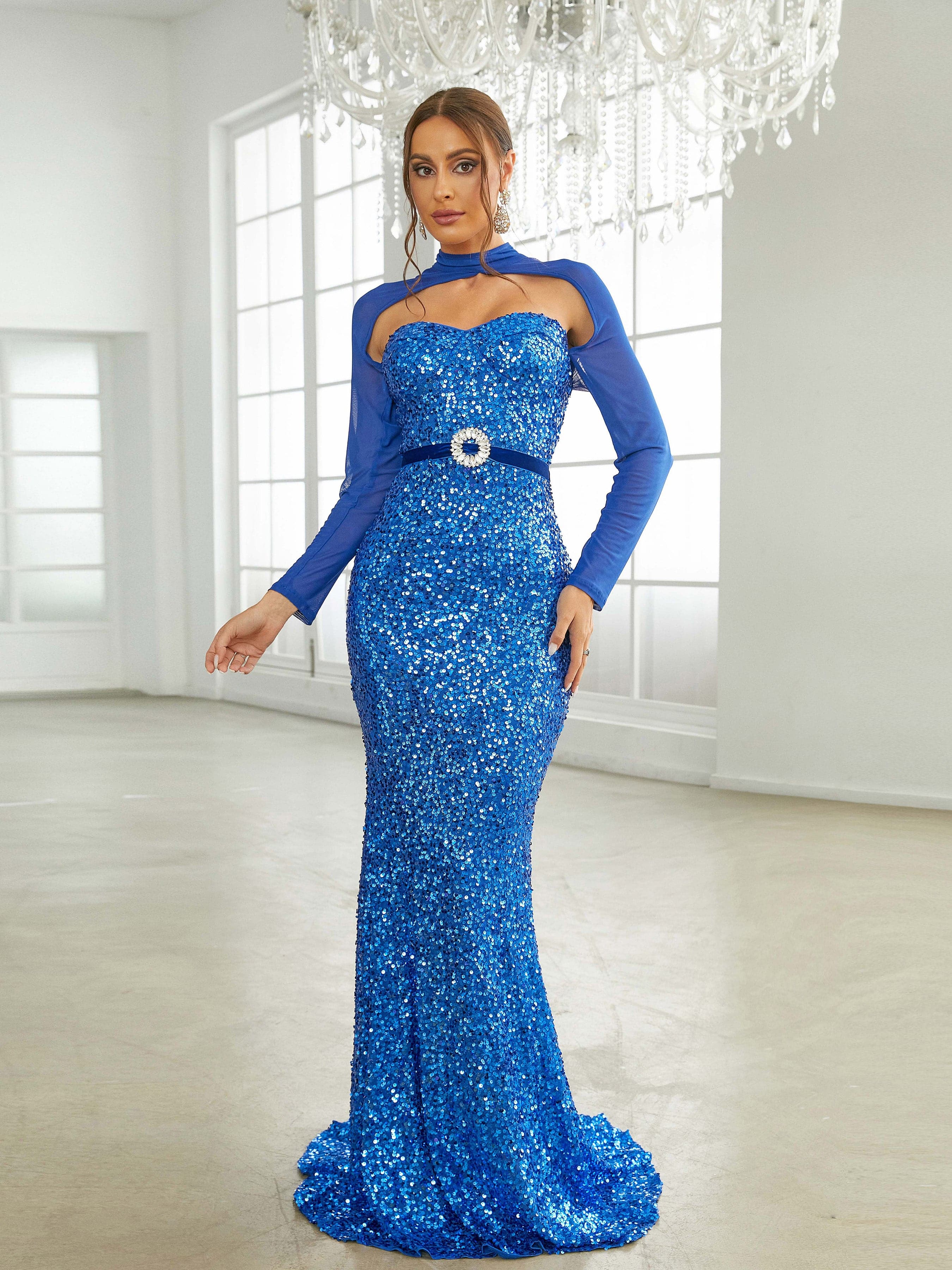 Cutout Blue Sequin Mermaid Evening Dress RD50174