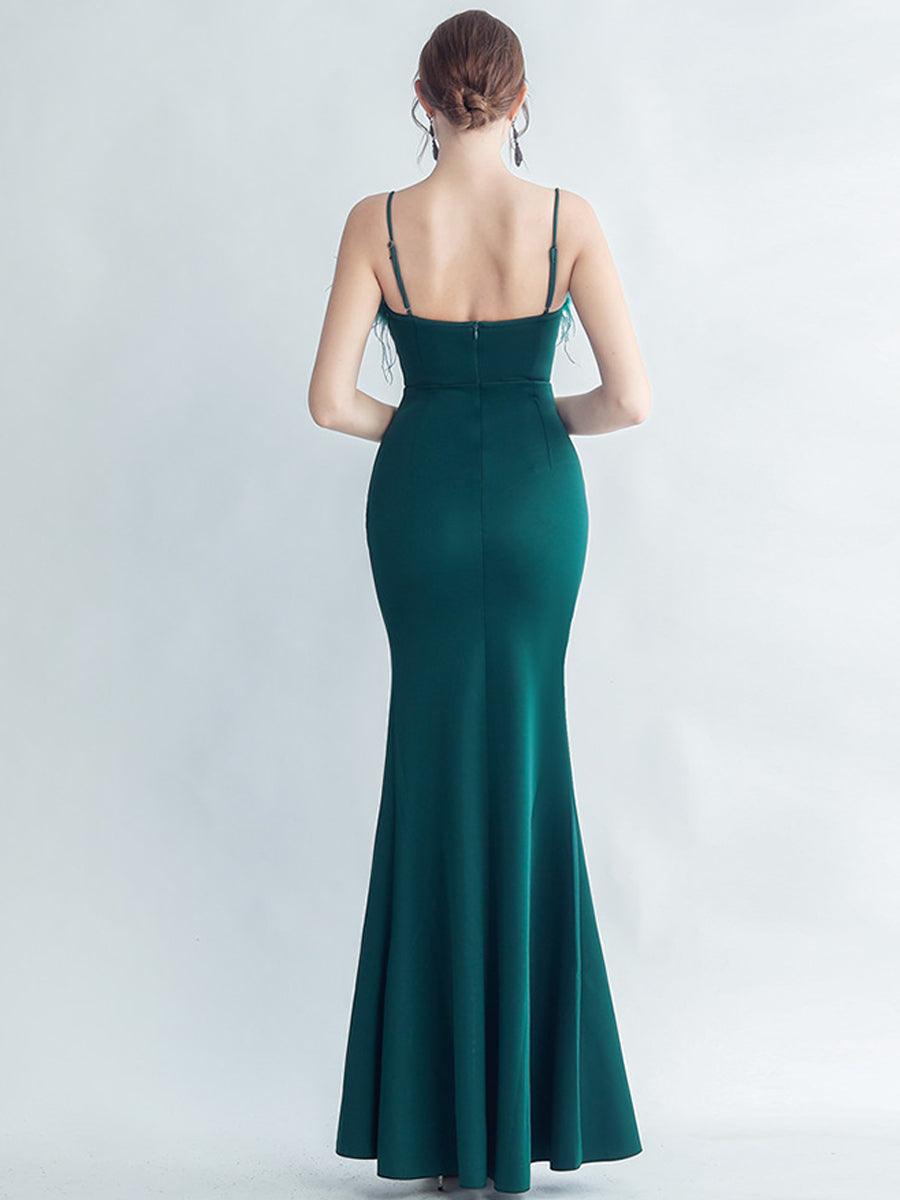 Feather Spaghetti Rhinestone Formal Dress GM90015 - MISS ORD