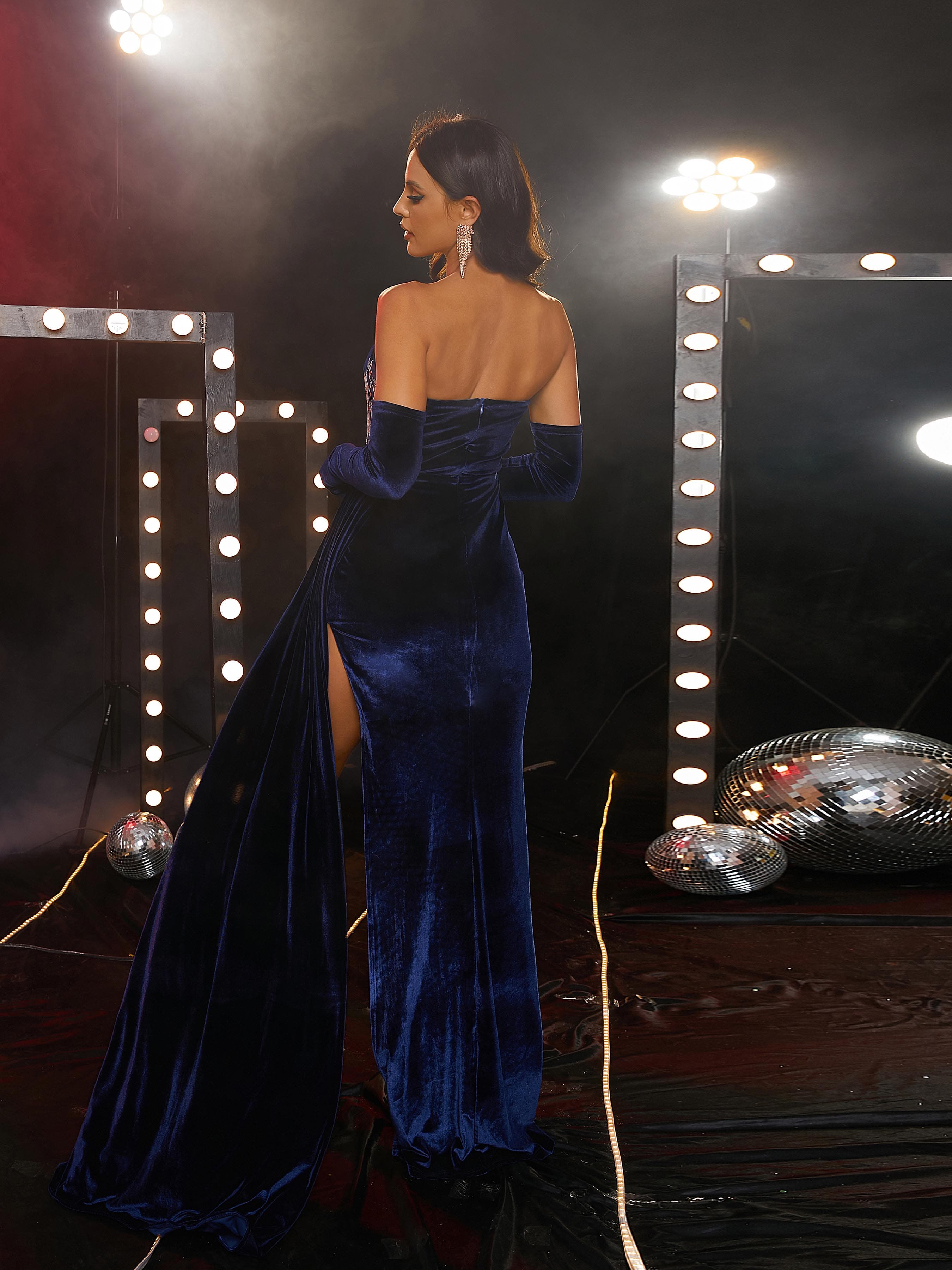 MISSORD Draped Strapless Blue Velvet Sexy Party Dress