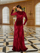 High Split Long Sleeve Wine Velvet Evening Dress