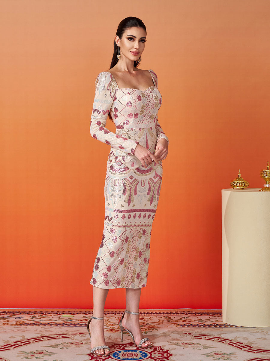 Square Neck Long Sleeve Split Sequin Dress RM20830 - MISS ORD