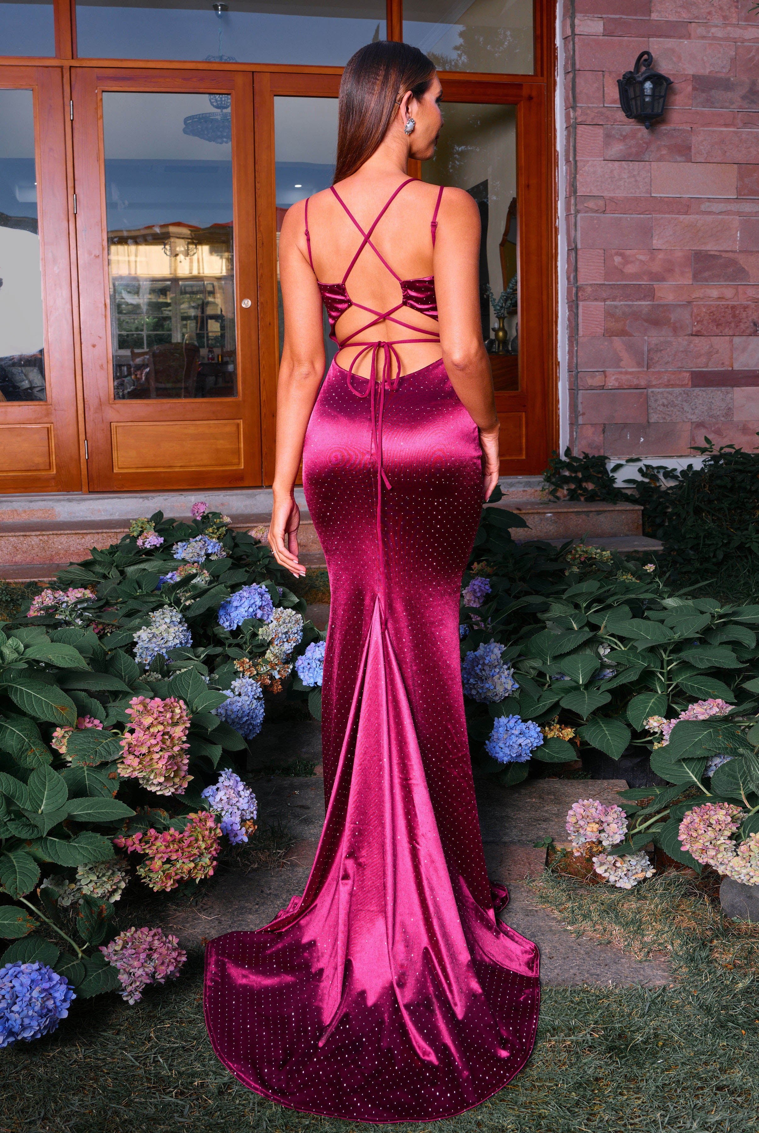 Sexy V-Neck Lace-Up Satin Burgundy Prom Dress RH30855