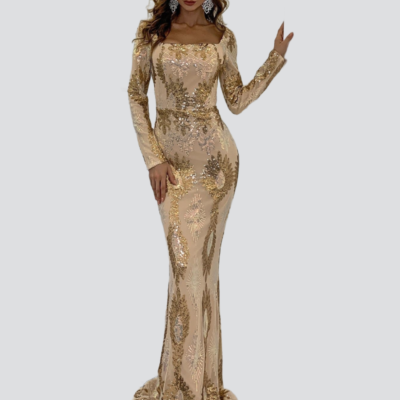 Square Neck Geo Maxi Sequin Hem Golden Prom Dress