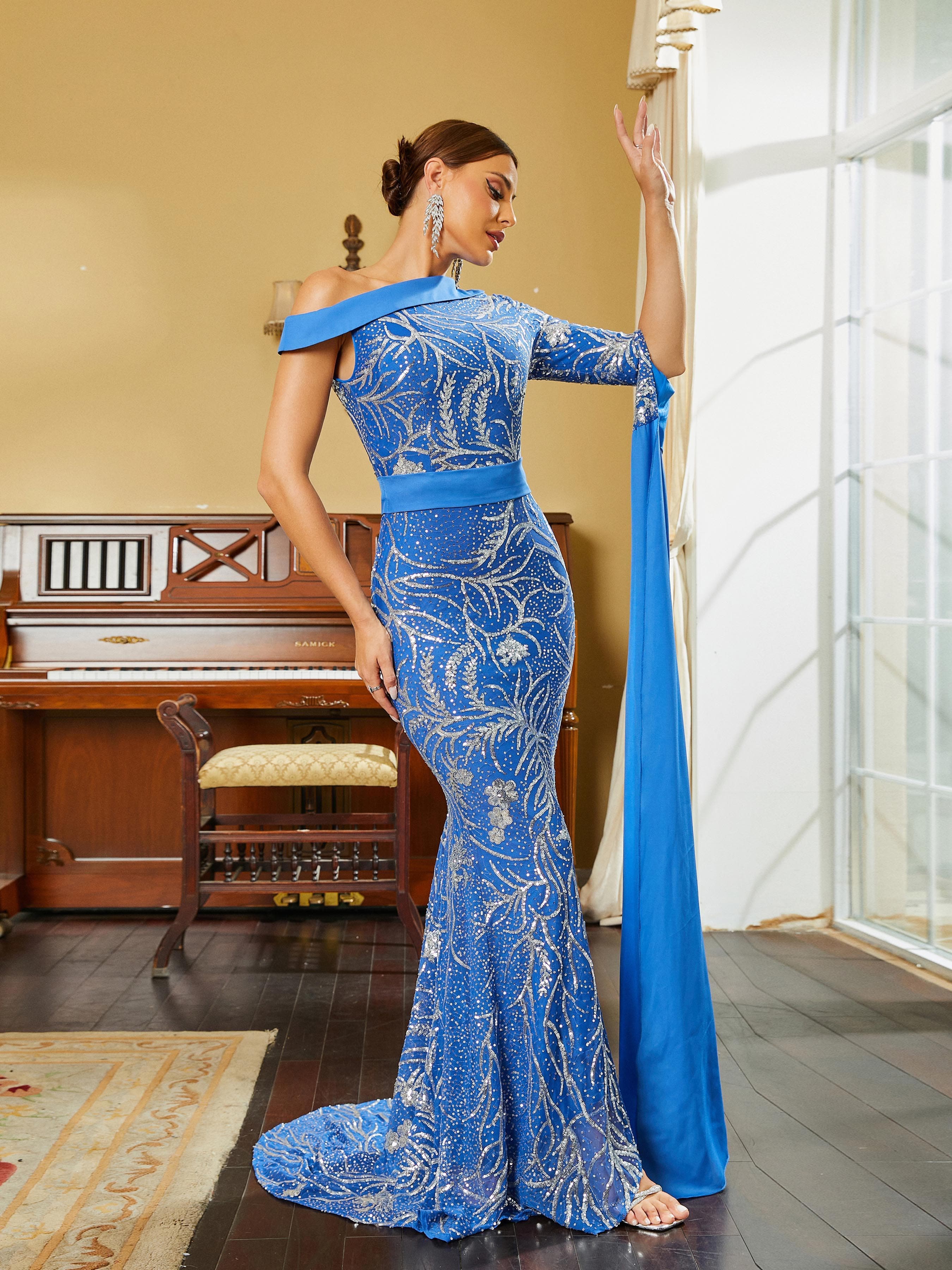 Mermaid Draped Sleeve Sequin Blue Evening Dress