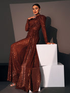 MISSORD Full Cover Long Sleeve Brown Sequin Formal Dress