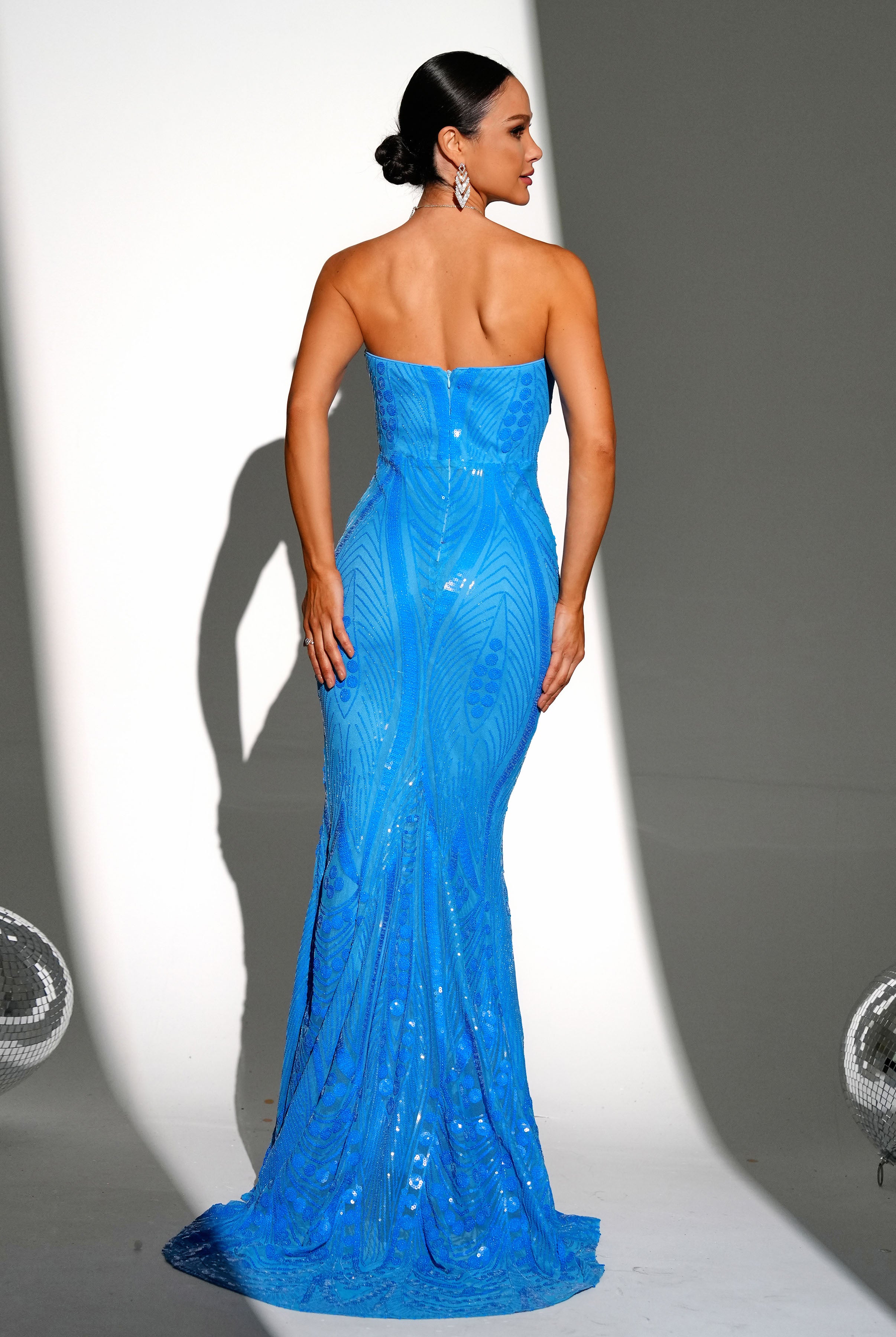 Tube Top Mermaid Bodycon Blue Sequin Gown RJ11315