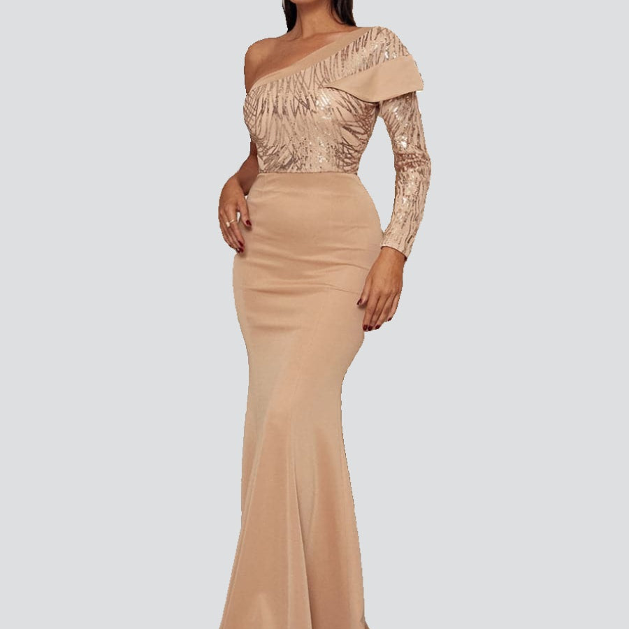 Formal One Shoulder Sequin Apricot Evening Dress XJ1548
