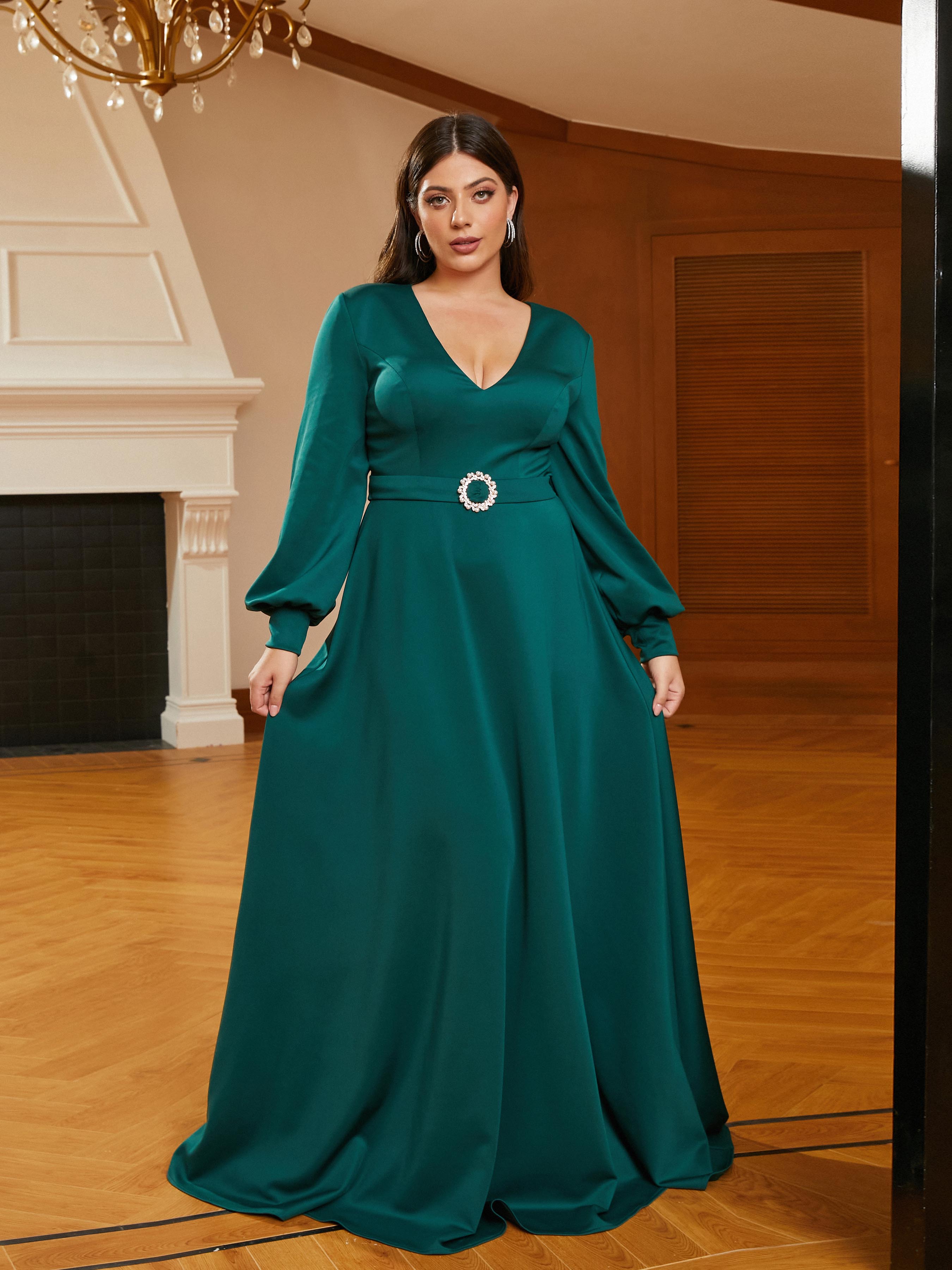 MISSORD Plus Size V-neck A-line Belt Green Wedding Guest Dress