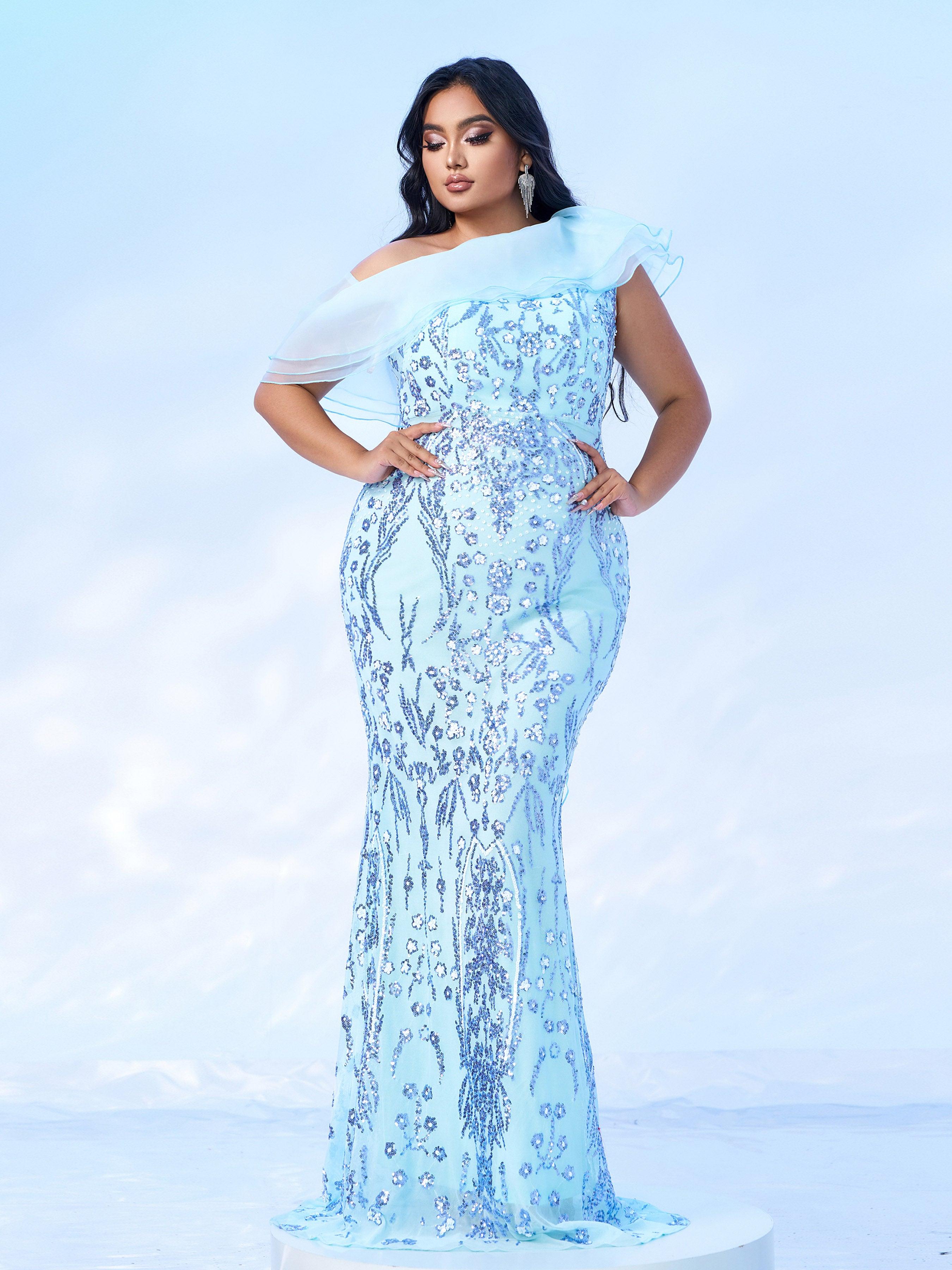 Plus Off Shoulder Ruffled Seuqin Mermaid Prom Dress PRX70231 - MISS ORD