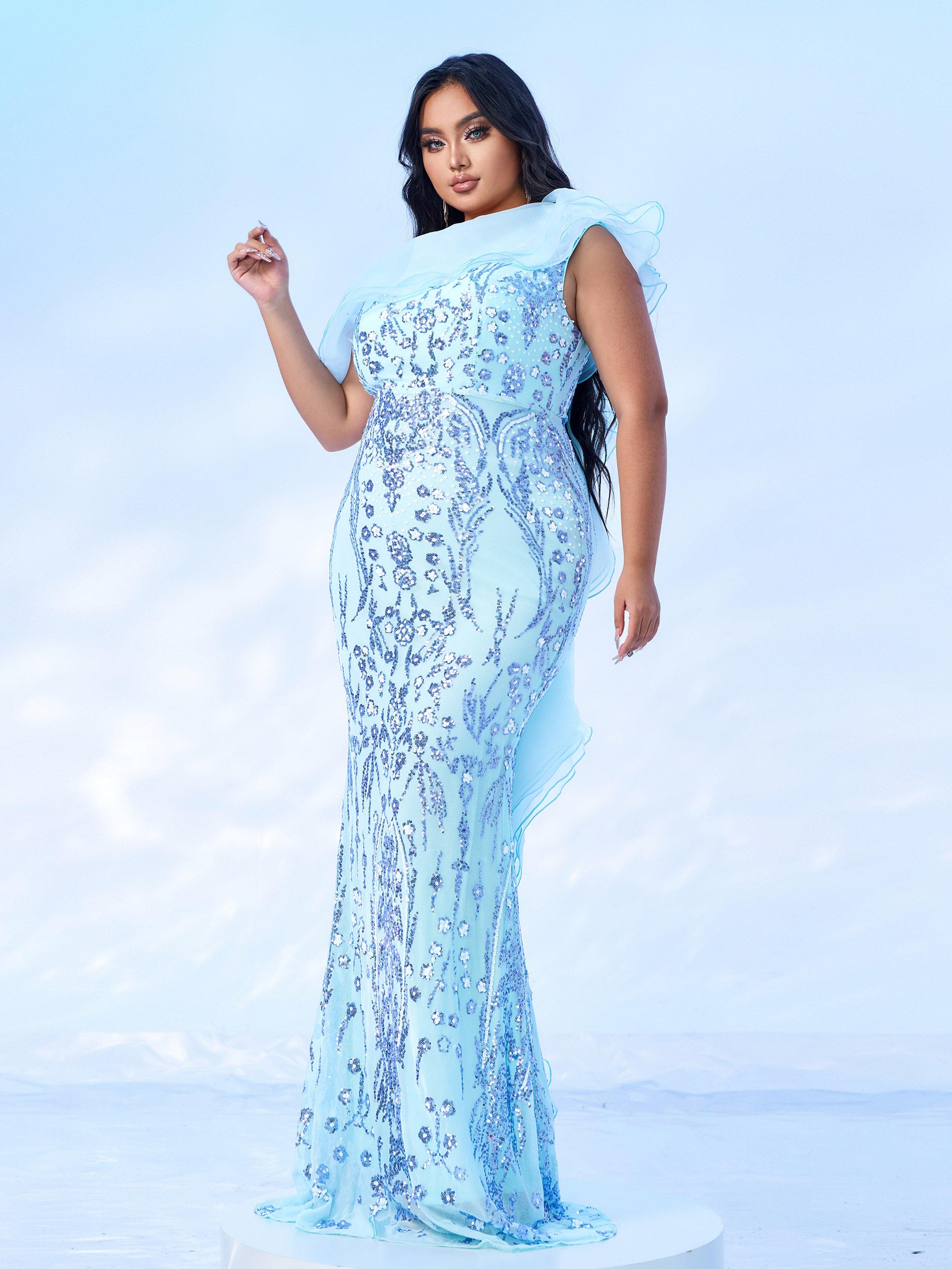 Plus Off Shoulder Ruffled Seuqin Mermaid Prom Dress PRX70231 - MISS ORD