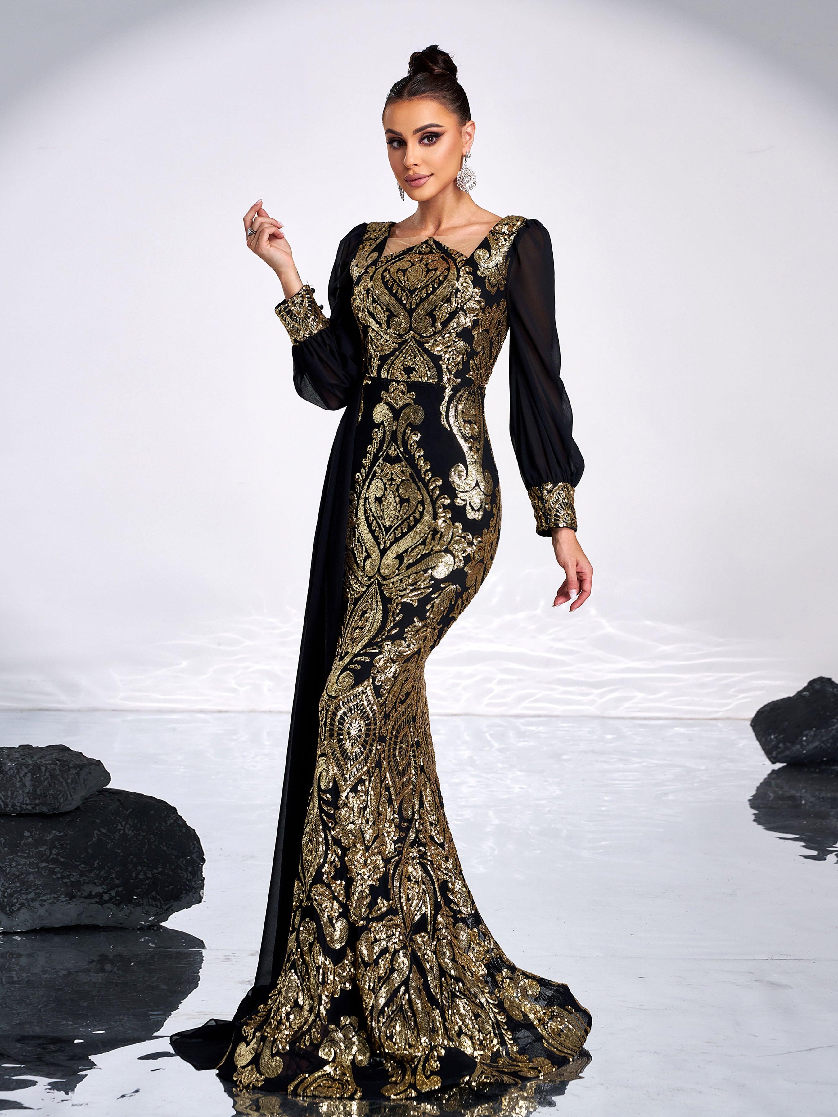 Luxurious Black Gold Embroidered Gown GM00421 – MISS ORD