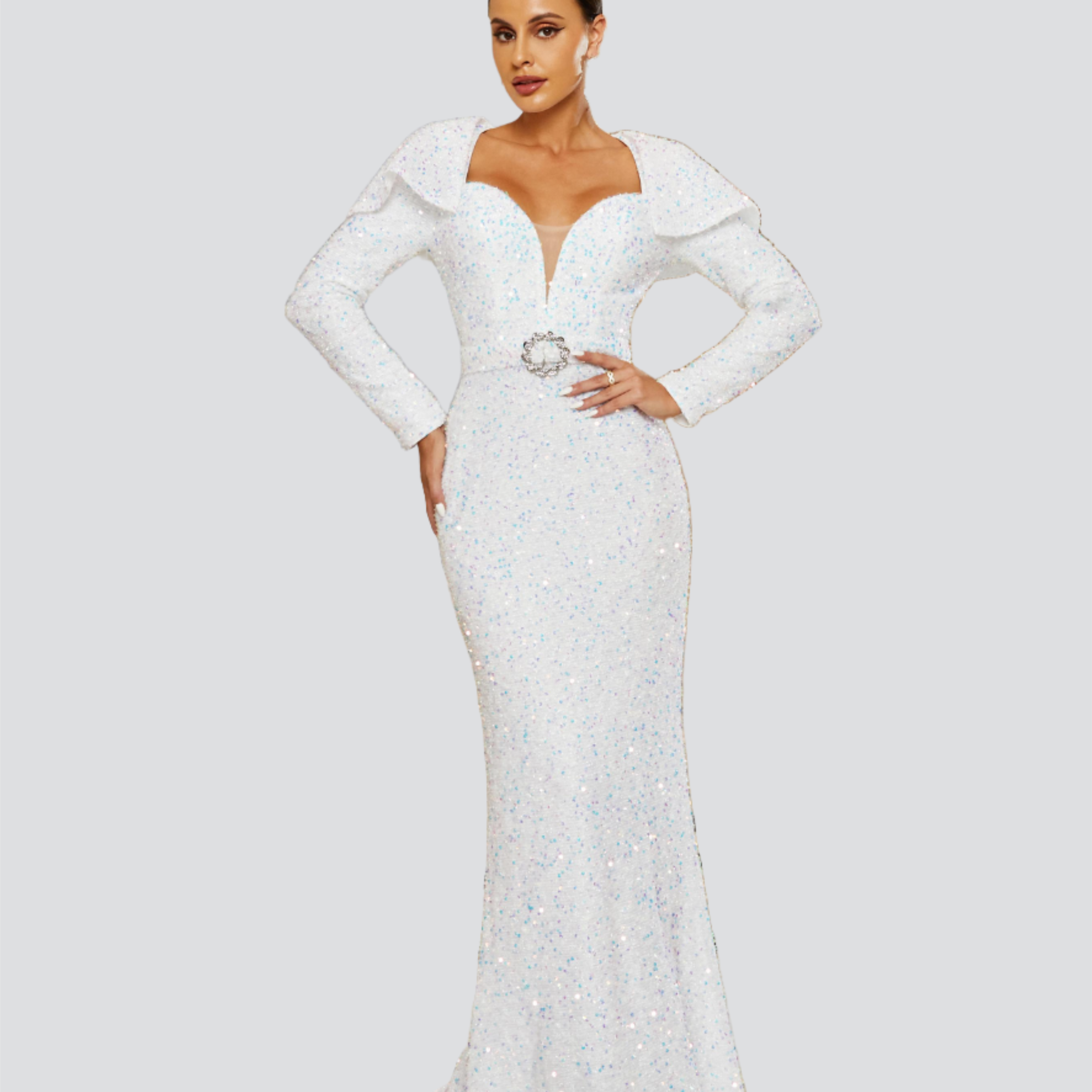 Long Sleeve White Sequin Wedding Dress RJ10662