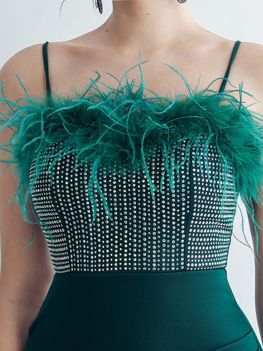 Feather Spaghetti Rhinestone Formal Dress GM90015 - MISS ORD