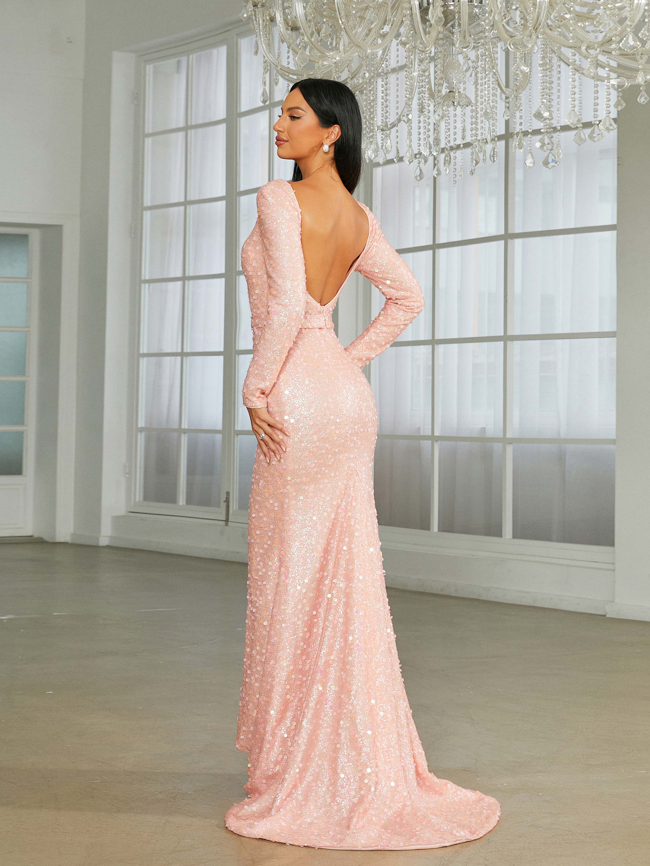 Elegant Mermaid Open Back Sequin Pink Evening Dress