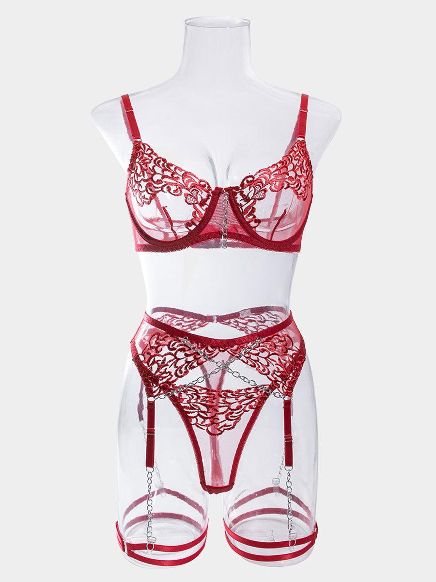 Metal Chain Embroidered Sexy Lingerie 4 Piece Set MSL034 - MISS ORD