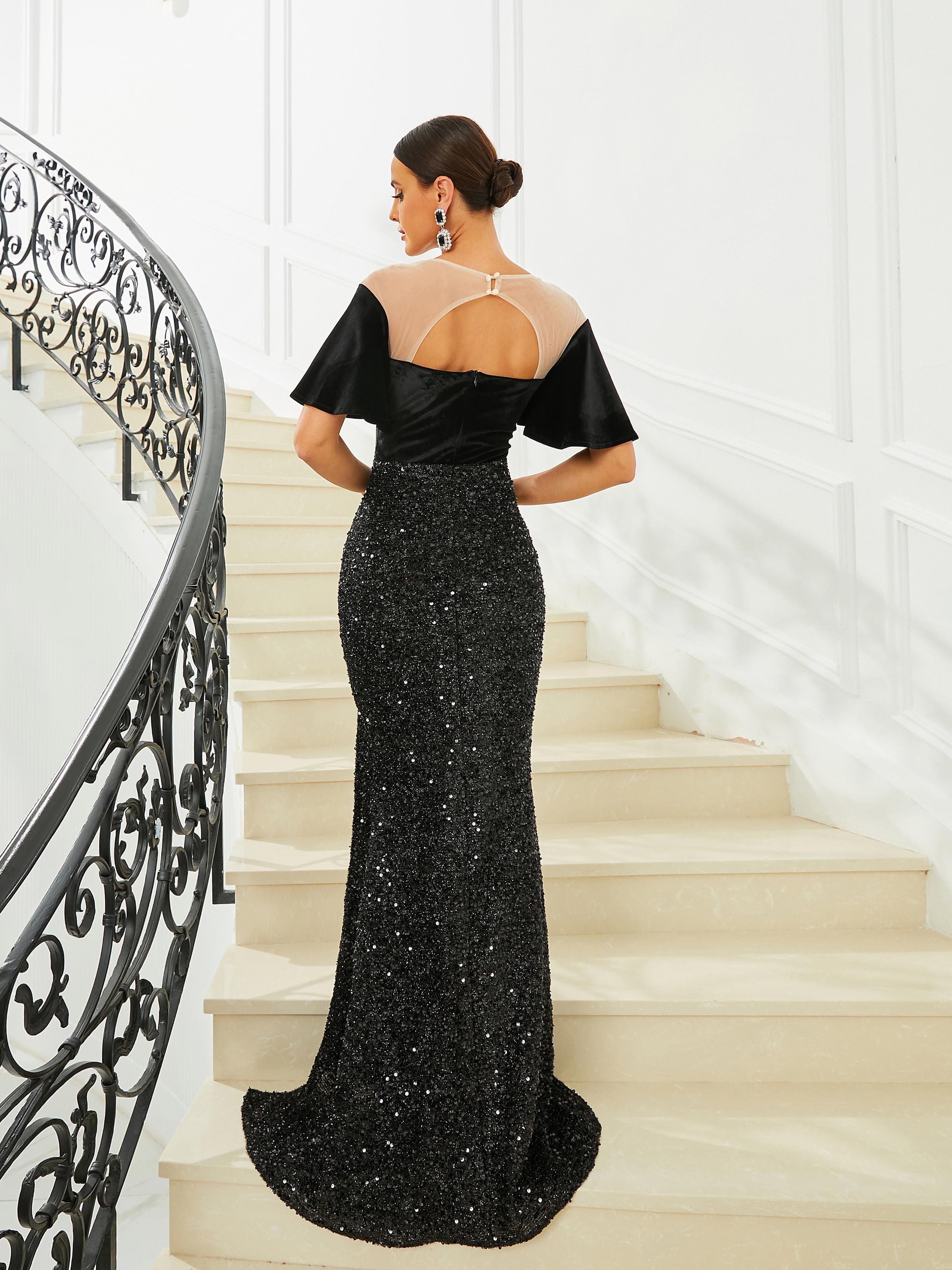 Panel Ruffle Sleeve Black Sequin Evening Dress