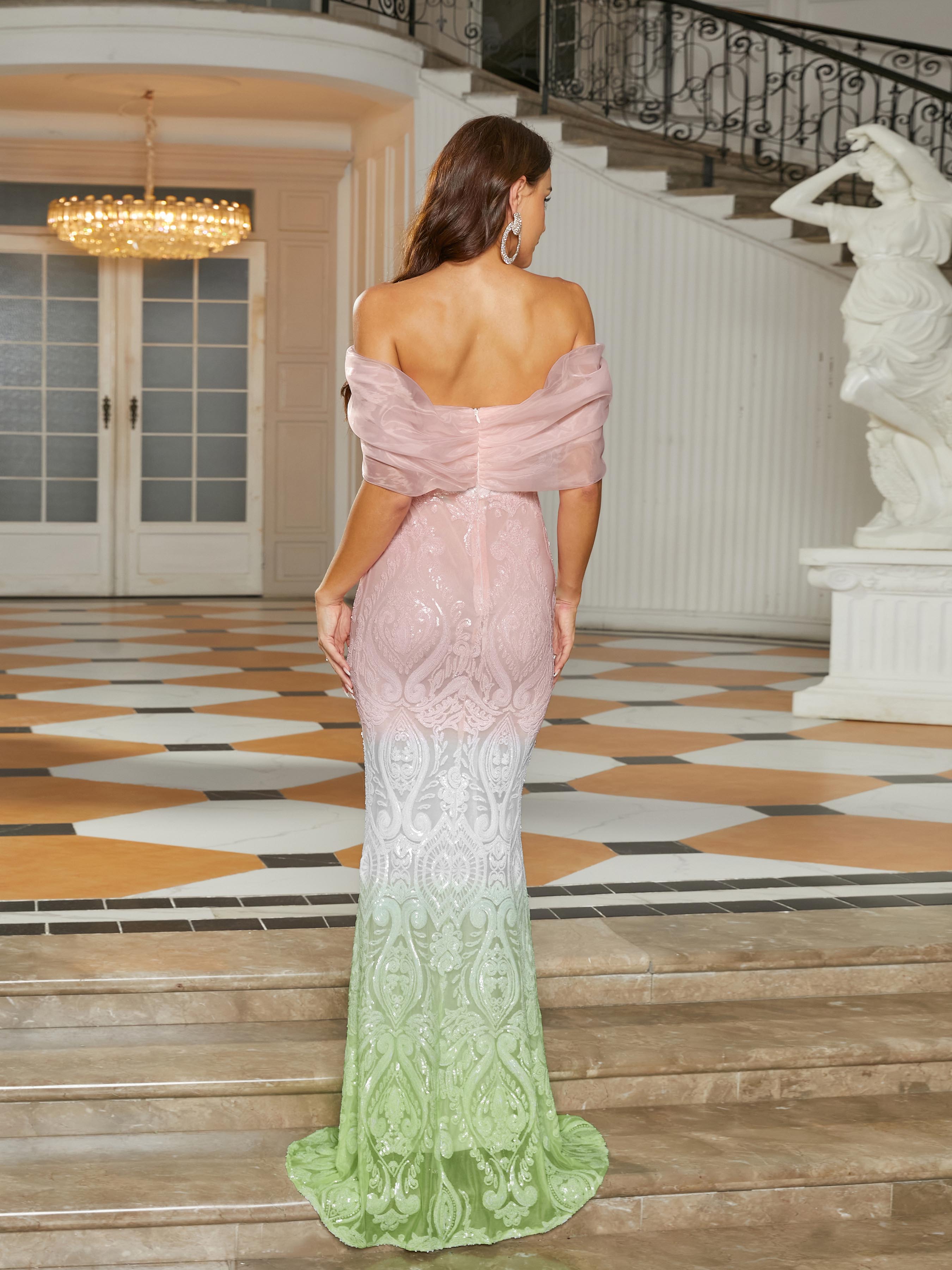 MISSORD Off Shoulder Sequin Pink Maxi Prom Dress 