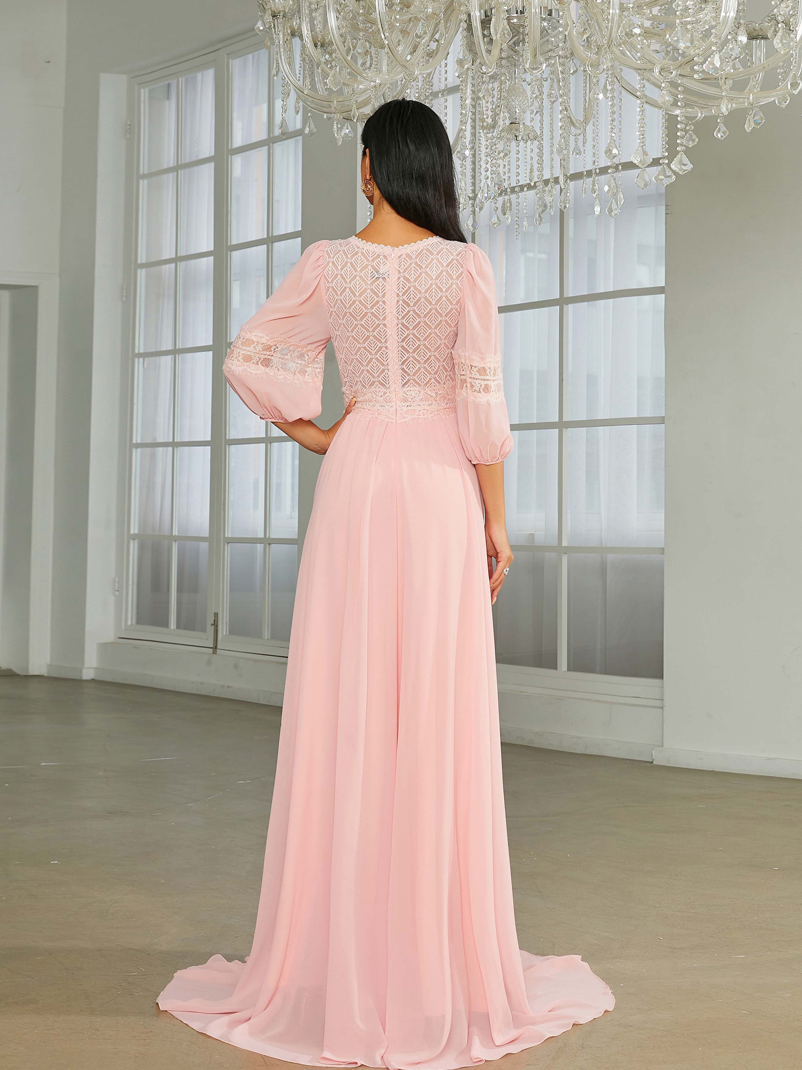 A-Line Deep V-Neck Panel Pink Prom Dress