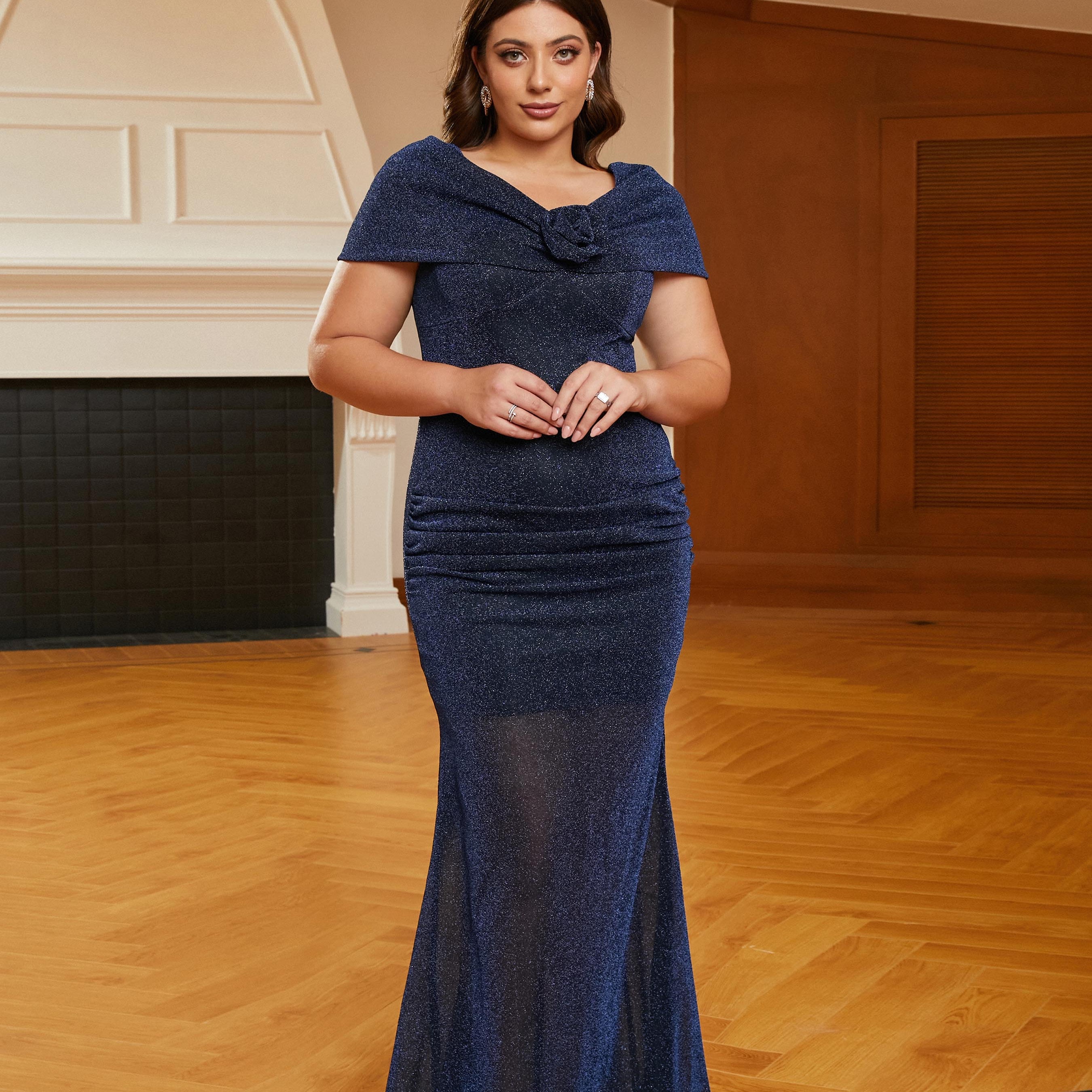 MISSORD Plus Size Appliqued Mermaid Blue Sequin Evening Dress