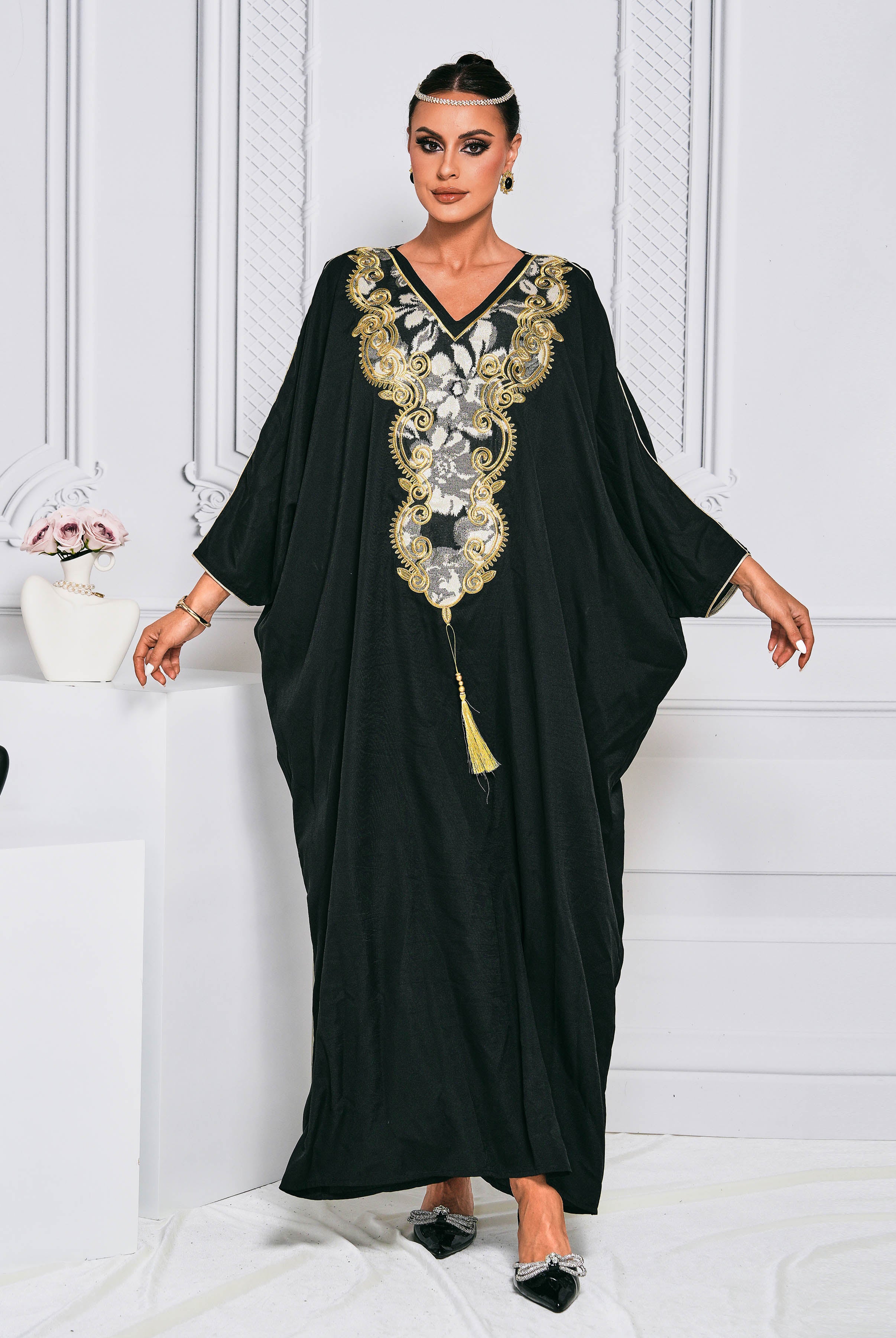 MISSORD V-neck Embroidered Black Muslim Dress