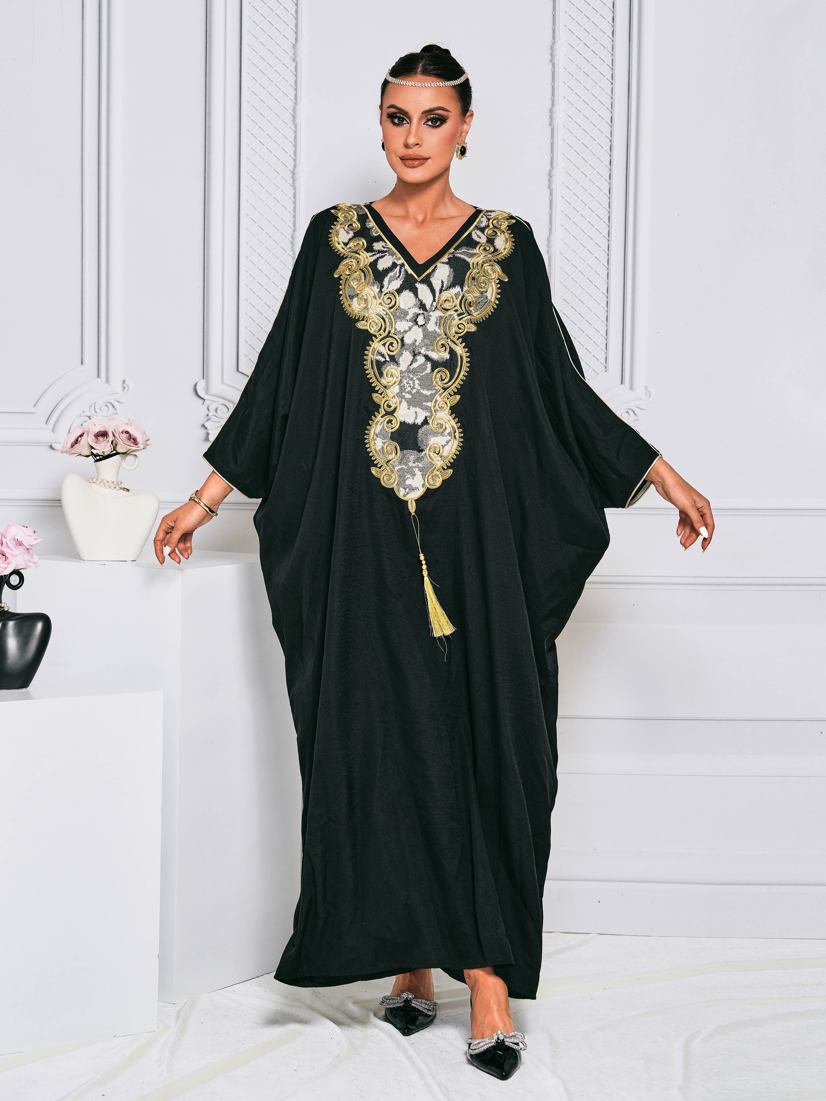 MISSORD V-neck Embroidered Black Muslim Dress