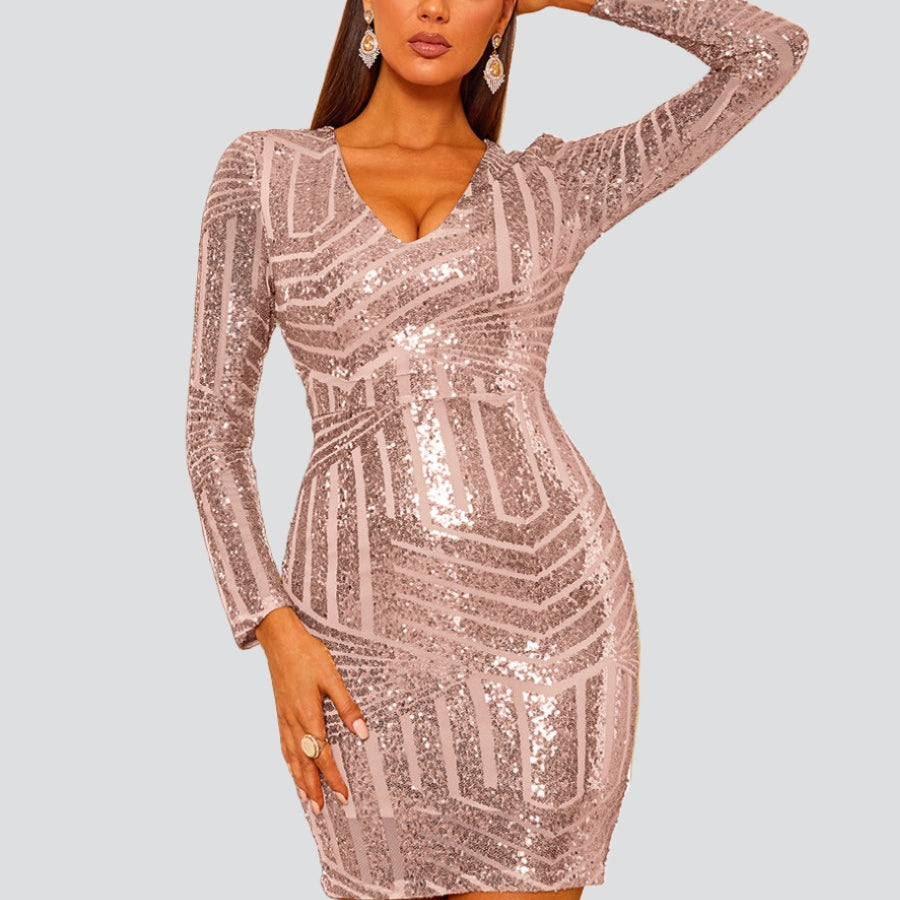 Glitzerndes, figurbetontes Kleid mit V-Ausschnitt FT2561