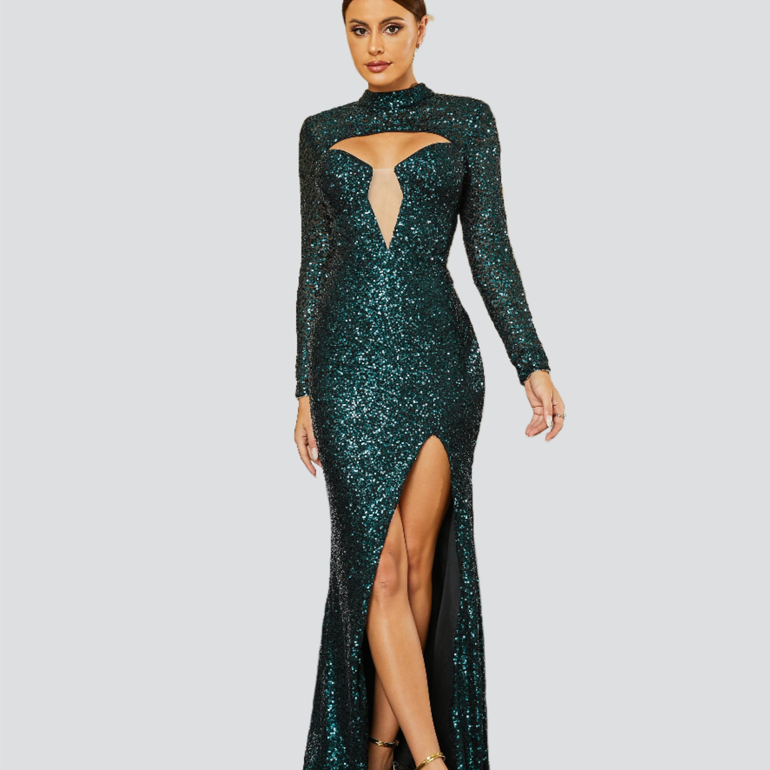 Lace Up Open Back Cutout Sequin Green Prom Dress