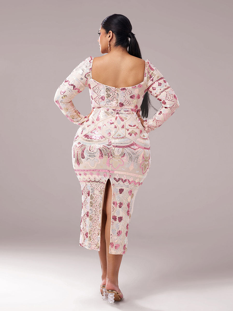 Plus Square Neck Sequin Split Midi Dress PRM20830 - MISS ORD