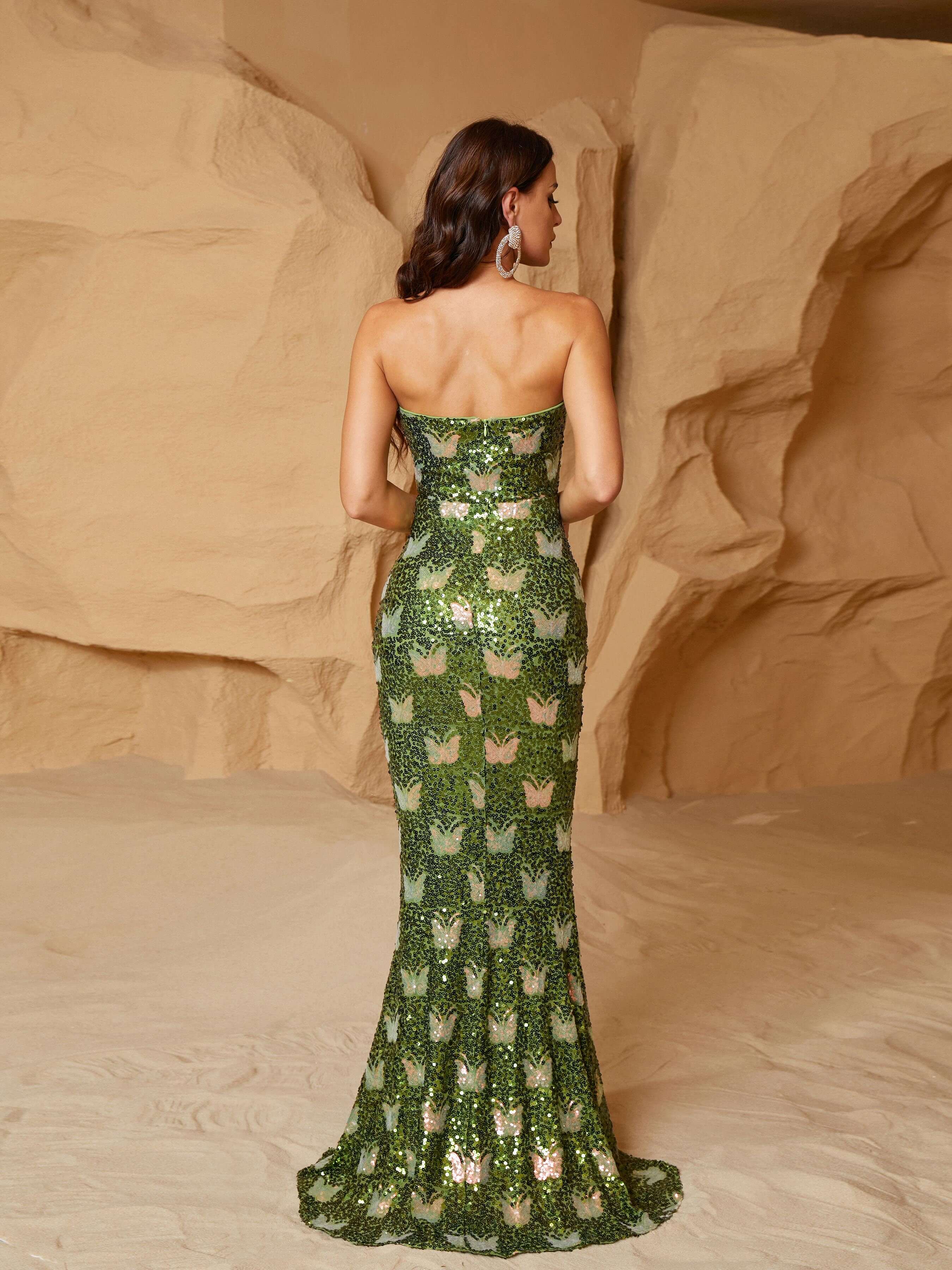 Tube Top Backless Green Sequin Prom Dress RJ10988