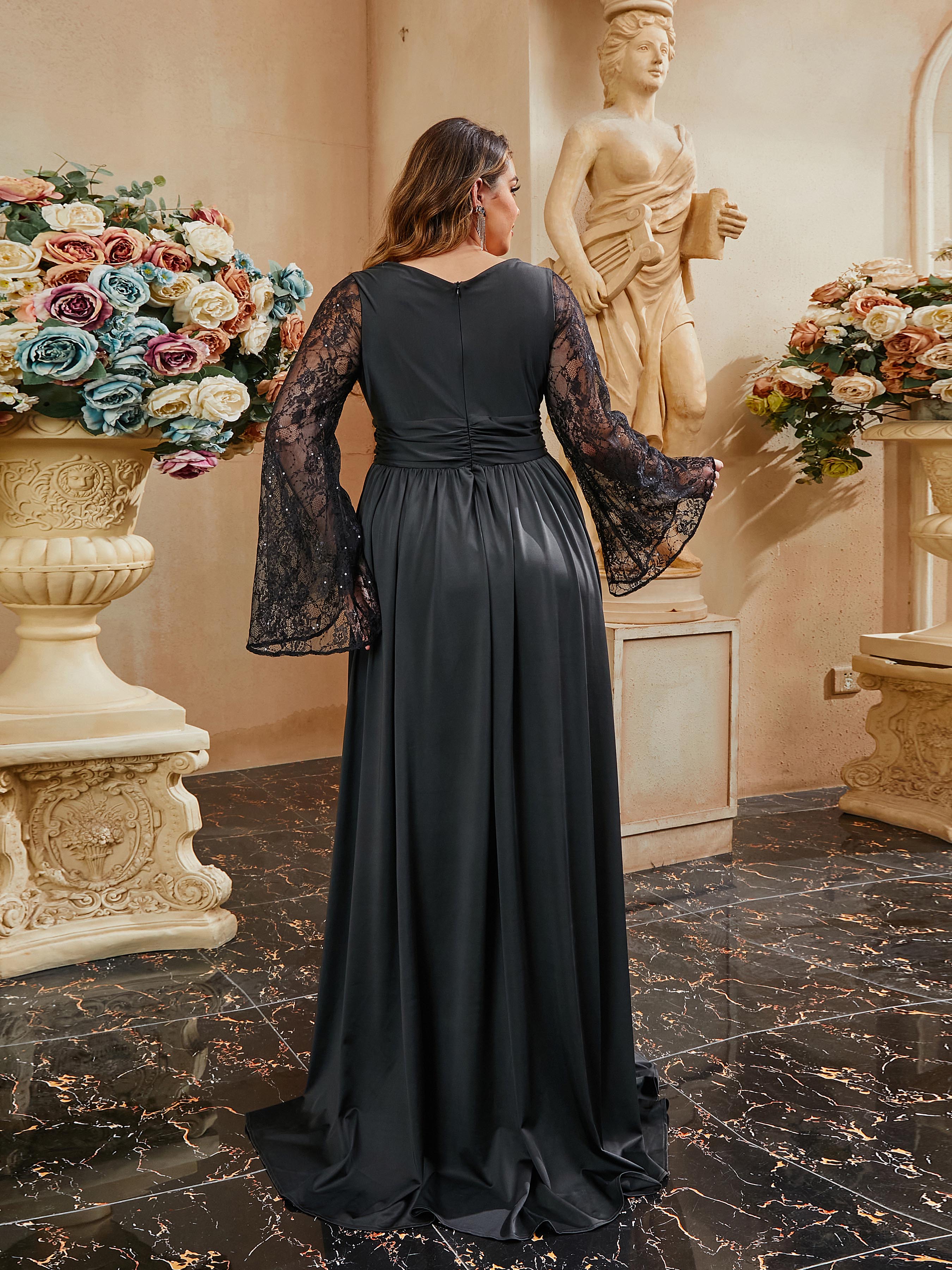 Plus Size Wrap Ruched Lace Sleeve Black Evening Dress