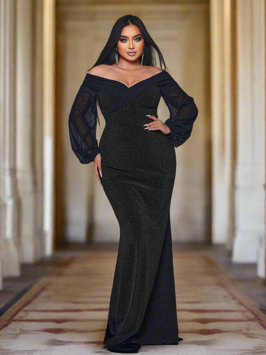 Plus Off Shoulder Mermaid Maxi Dress PRH30667 - Black / 4XL Plus Off Shoulder Mermaid Maxi Dress PRH30667 - Black / 4XL
