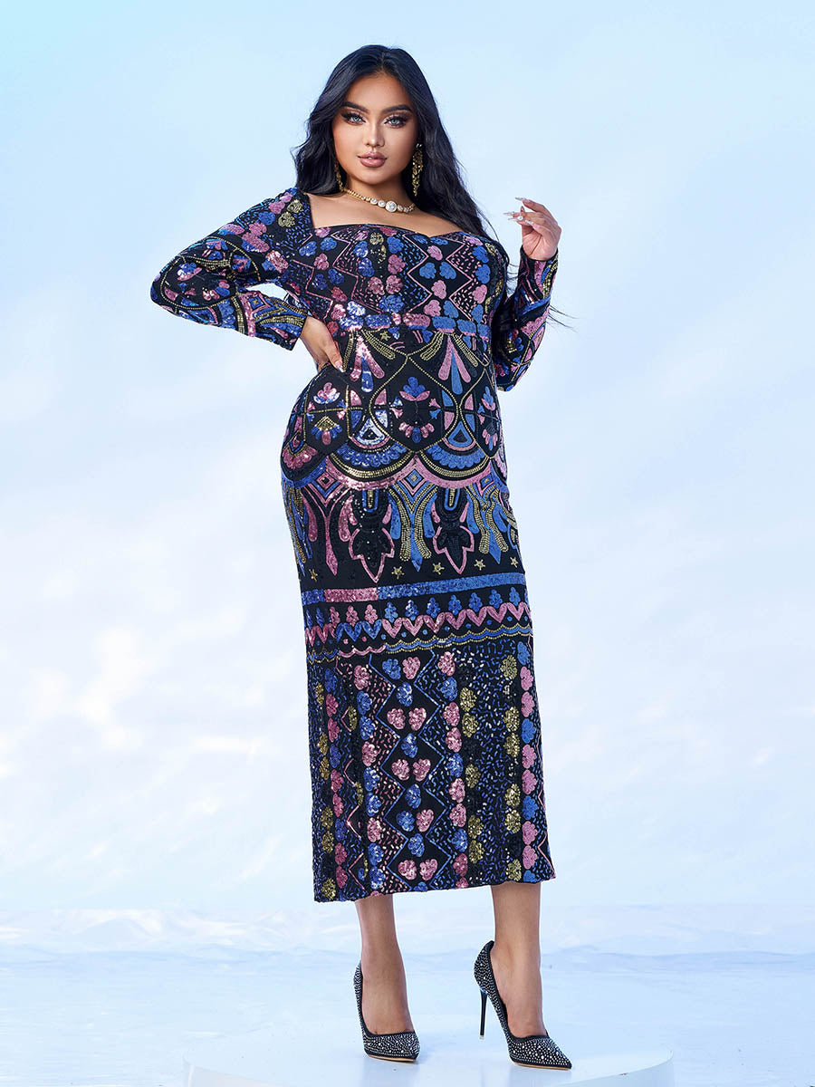 Square Neck Long Sleeve Split Sequin Dress RM20830 - MISS ORD