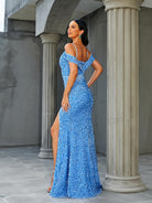 Cold Shoulder Blue Sequin Evening Dress RH30580