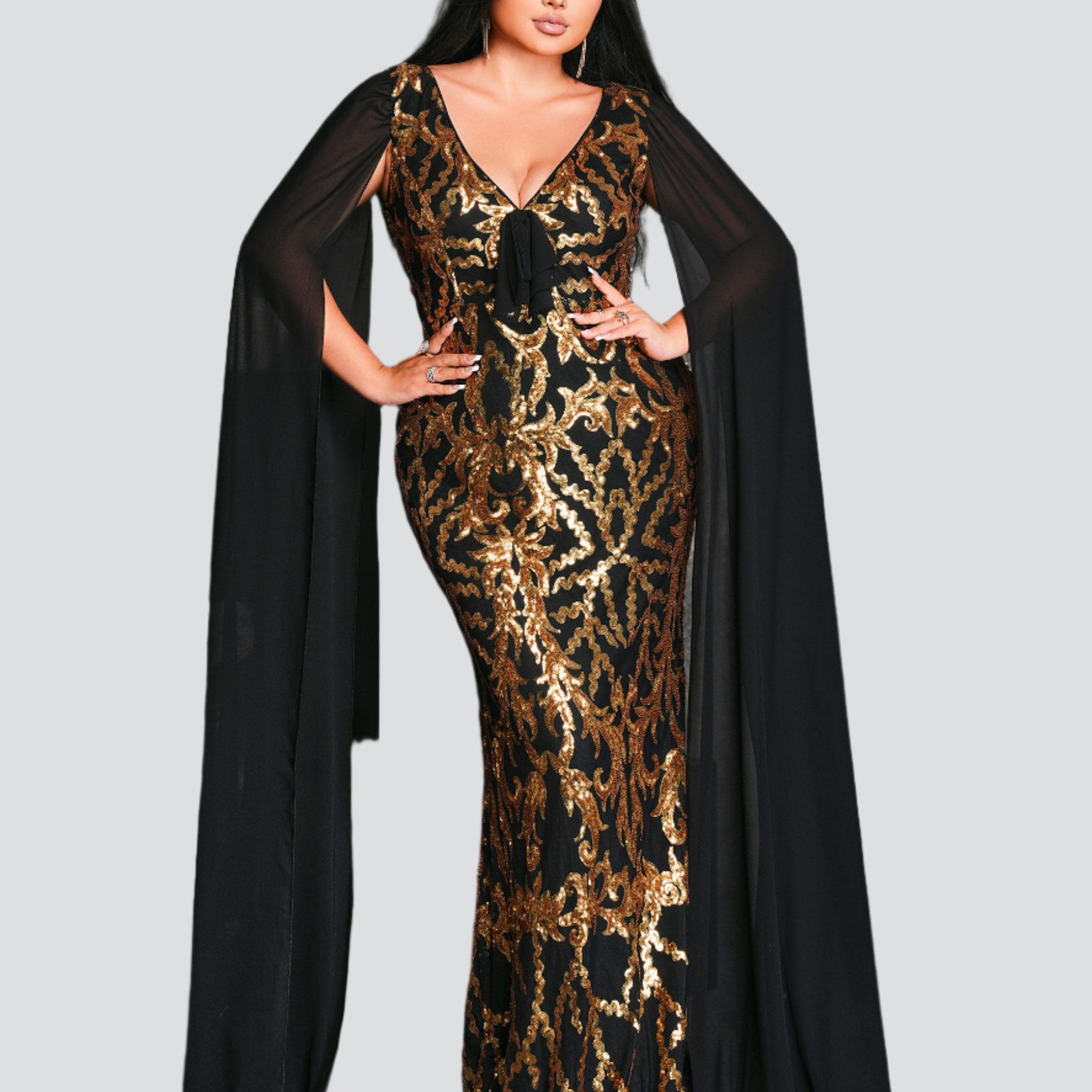 Plus V-neck Cape Sleeve Formal Dress PRX70124 - Black Gold / 1XL Plus V-neck Cape Sleeve Formal Dress PRX70124 - Black Gold / 1XL