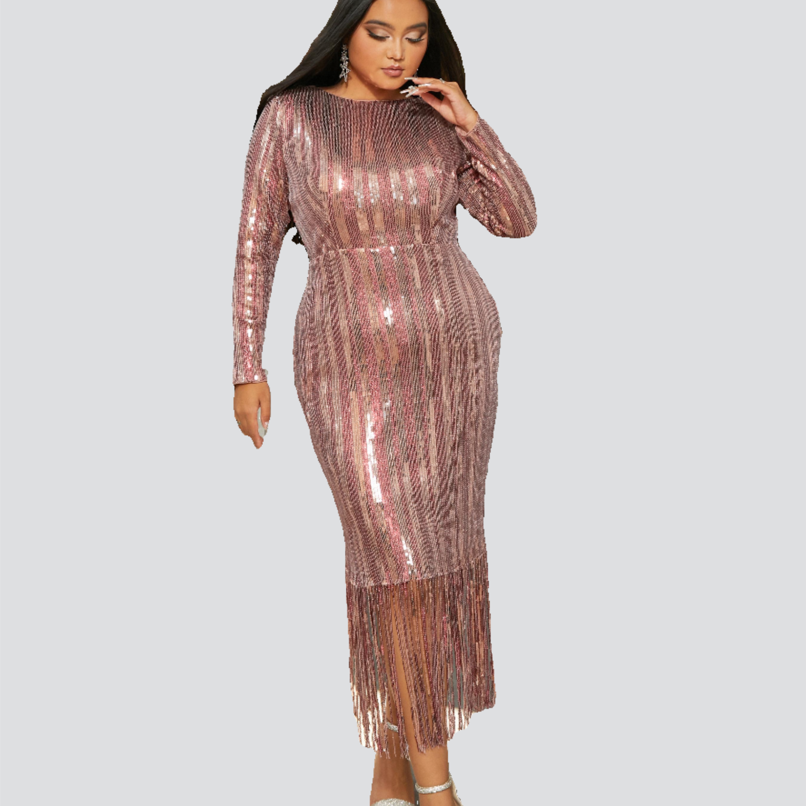 Plus Size Stripe Fringed Long Sleeve Cocktail Dress