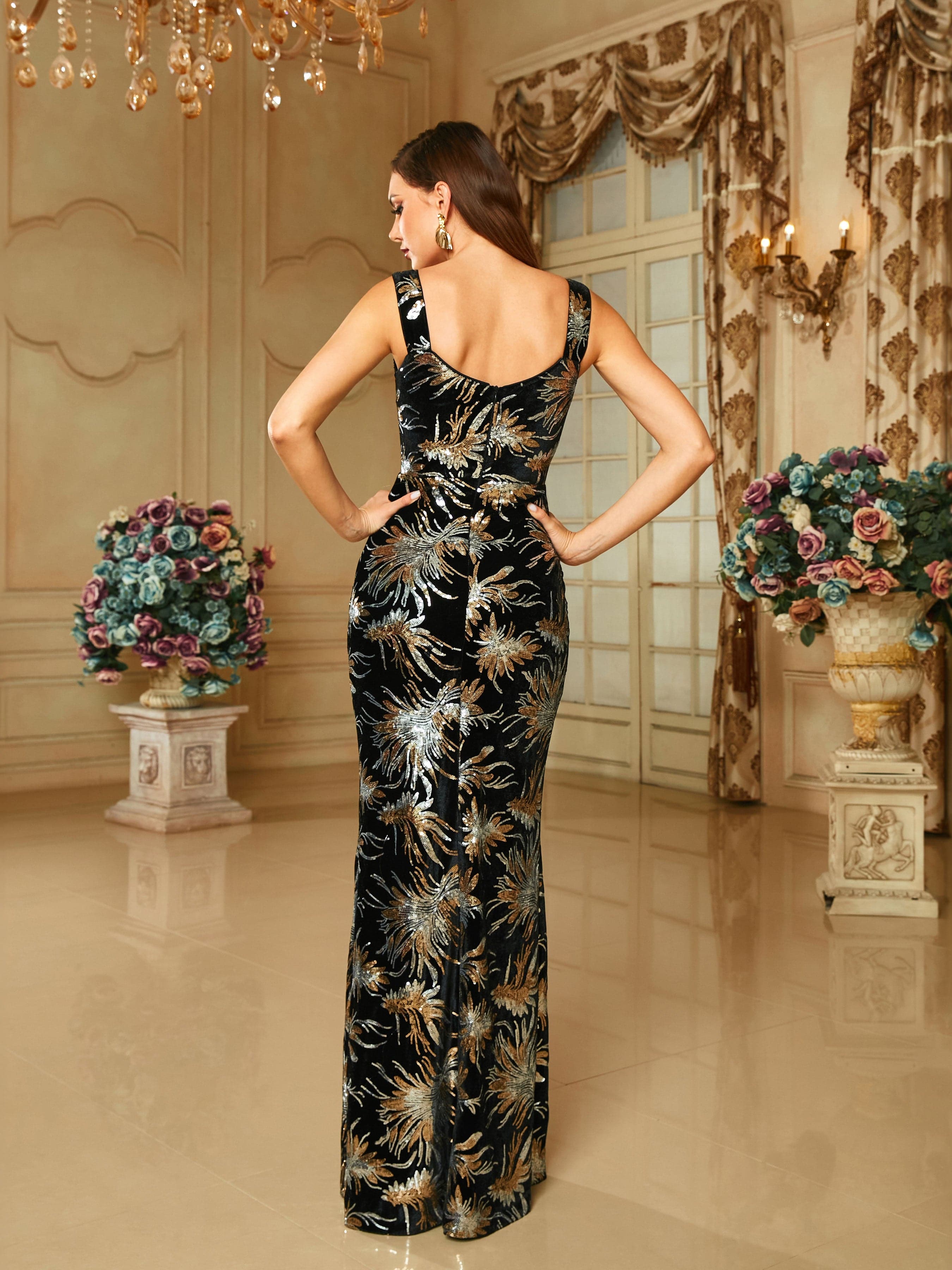 Vintage Print Sleeveless Black Sequin Prom Dress RY40074 MISS ORD