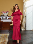 Plus Size Cutout Split Backless Ruffle Short Sleeve Prom Dress PRH30509