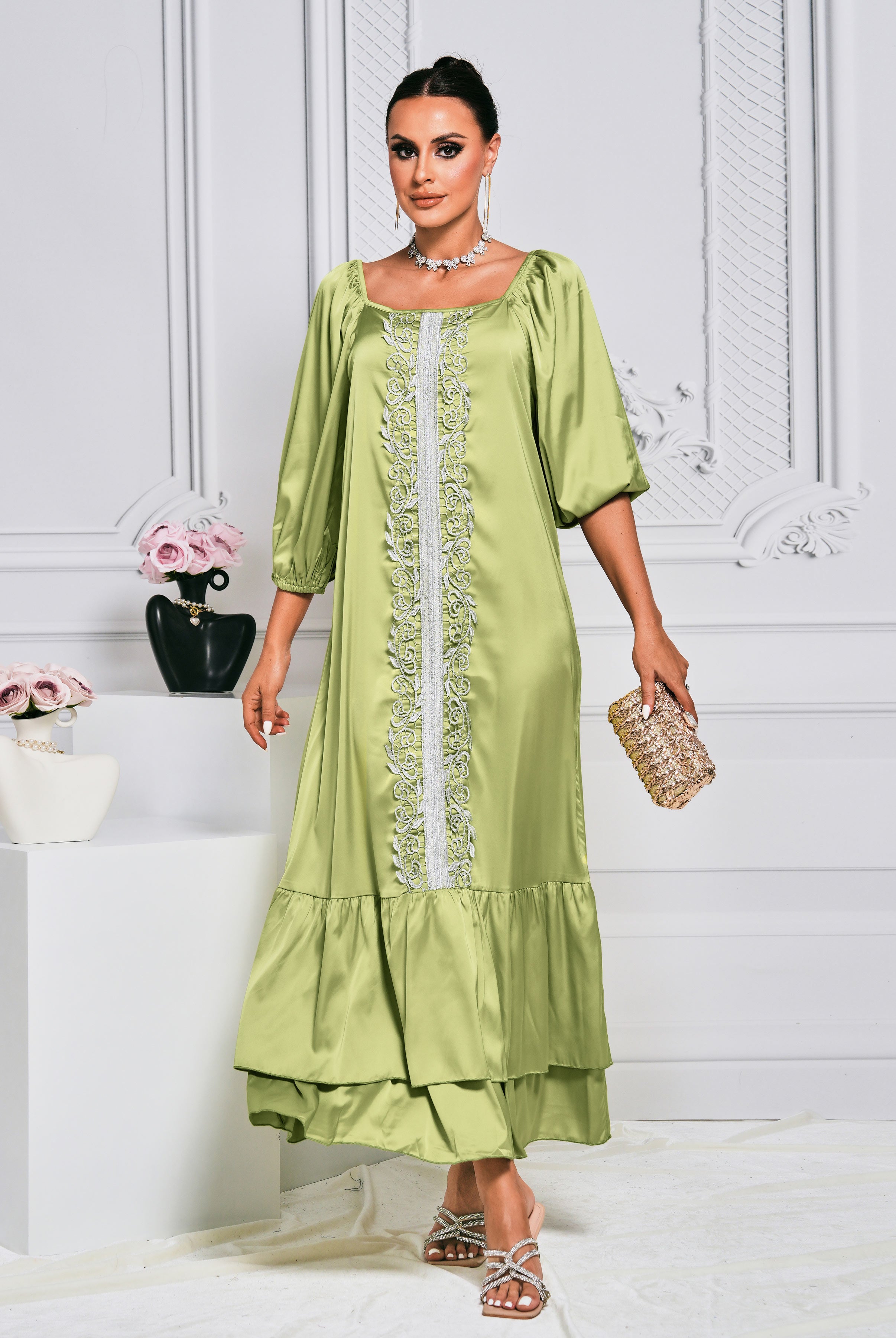 MISSORD Backless Embroidered Green Satin Dress