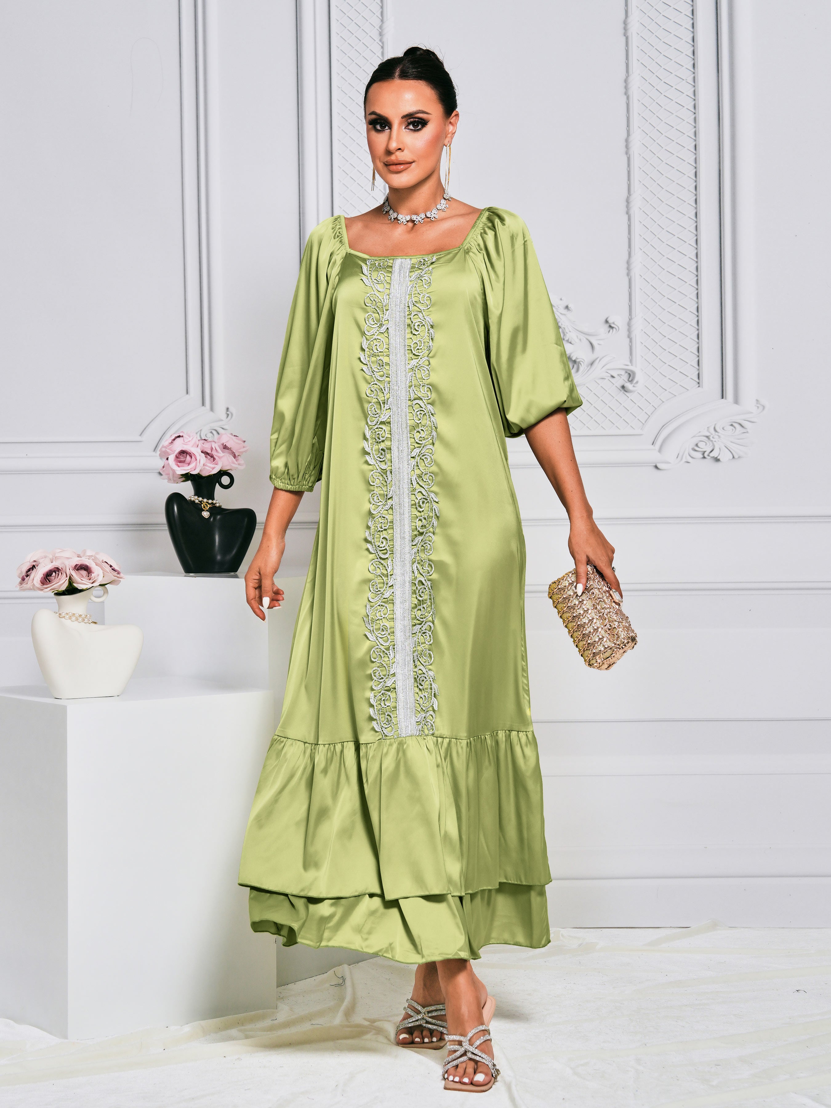MISSORD Backless Embroidered Green Satin Dress