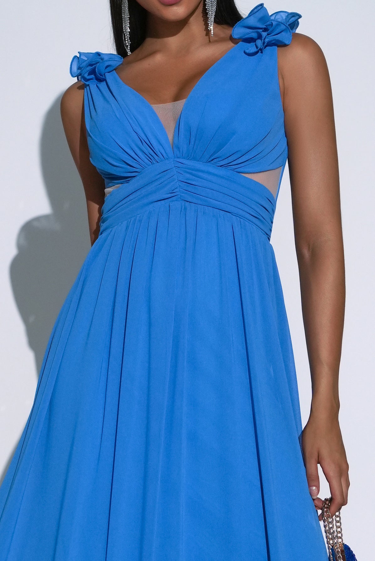 V-neck Ruched Blue Tulle Maxi Dress 