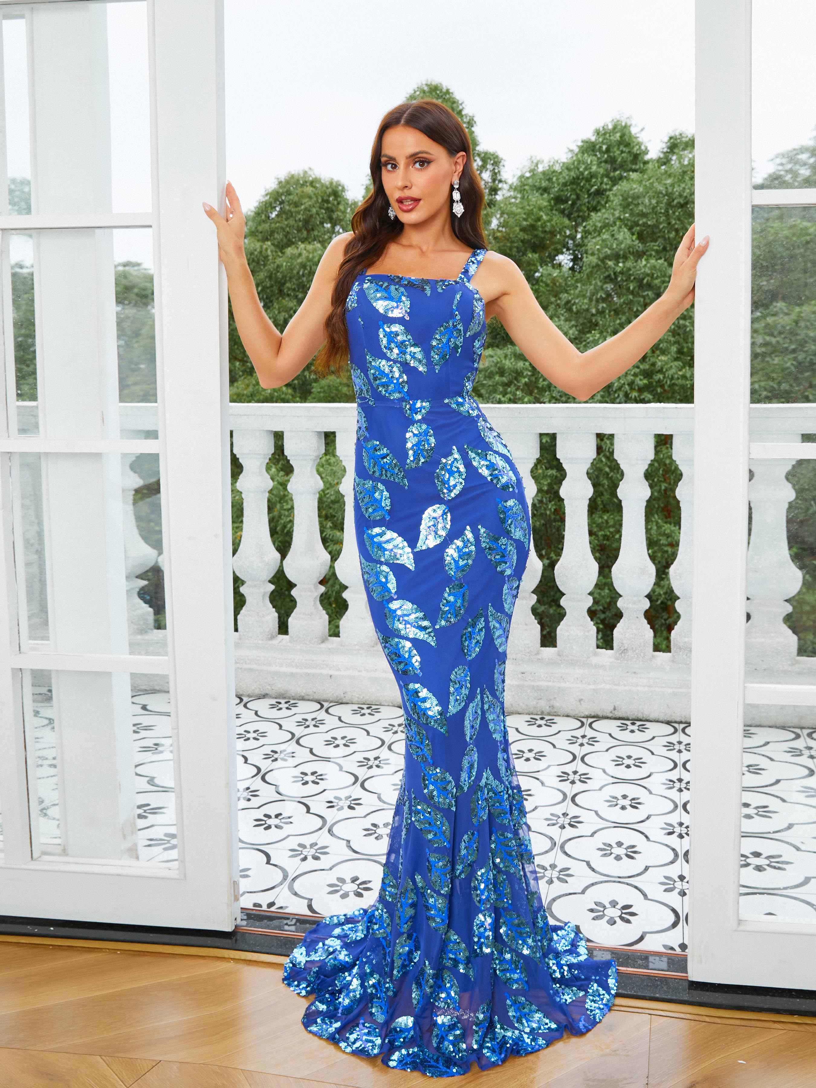 Formal Square Neck Sequin Mermaid Blue Evening Dress RM21009 - MISS ORD