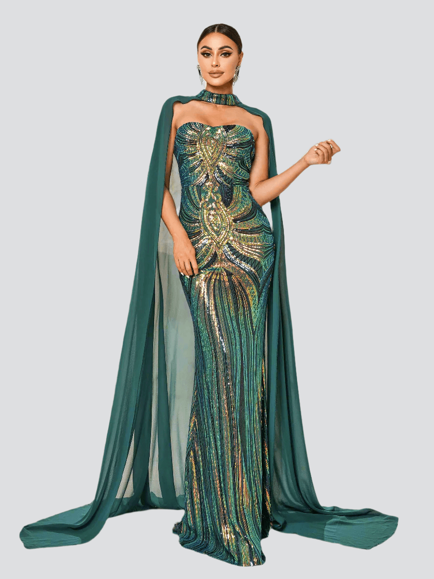 Sequin Long Frock With Cape Embellished Cape Maxi Dress – Self