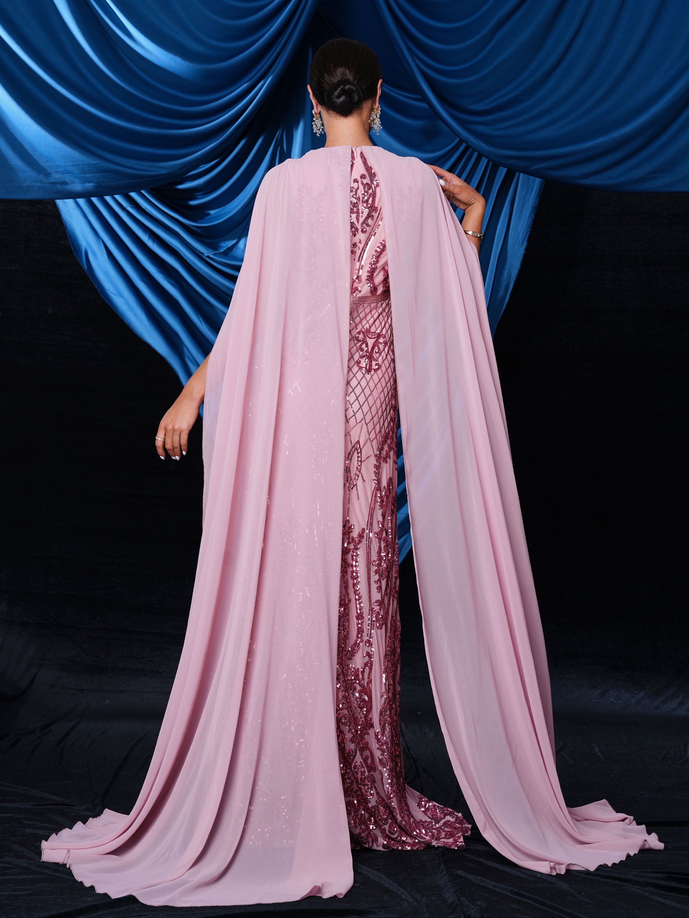 Metallic Embellished Collar Cape Sleeve Dress MES72011