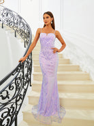 Spaghetti Strap Pearl Neck Purple Sequin Evening Dress RM20740