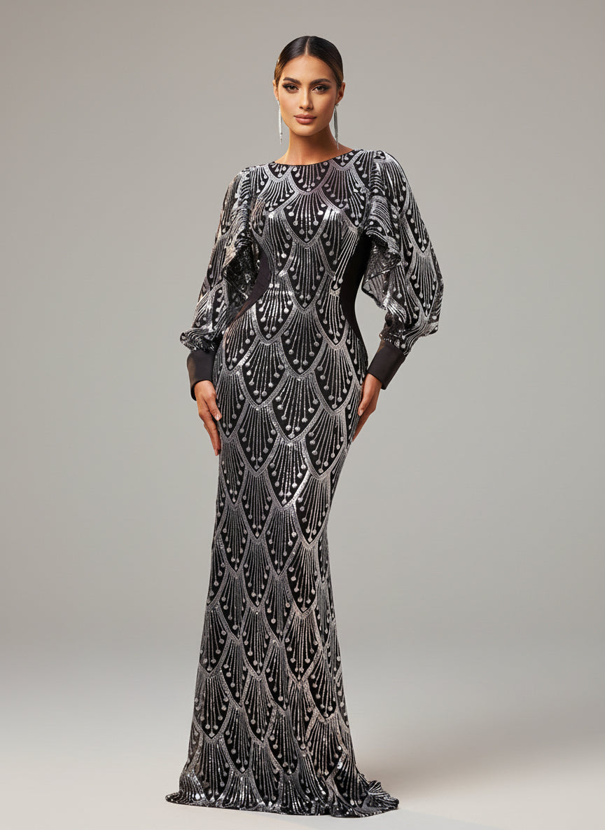 Classic Black Sequin Ballon Sleeve Prom Dress DH80287 - MISS ORD