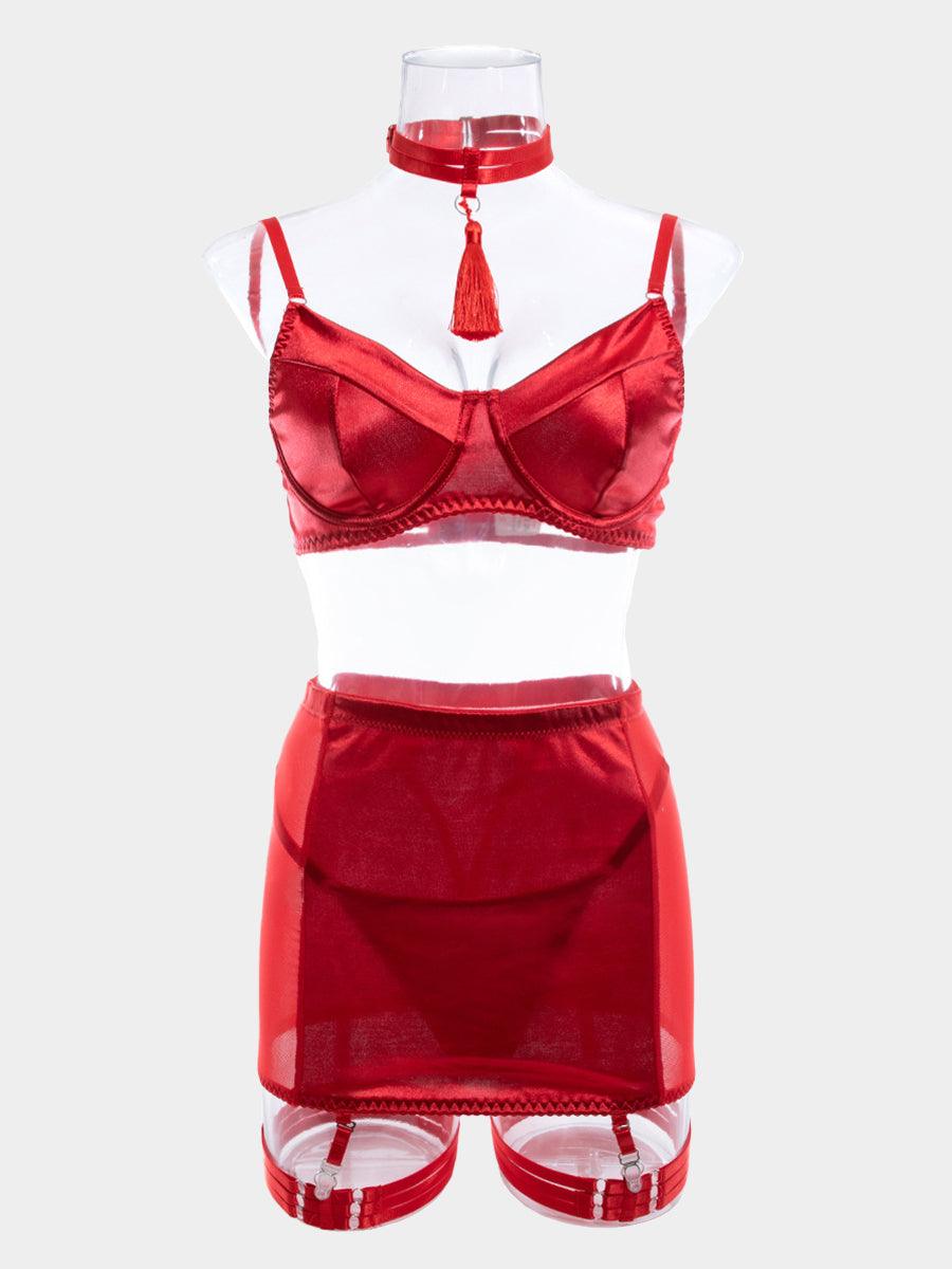Satin Tassel Sexy Lingerie 4 Piece Set MSL032 - MISS ORD