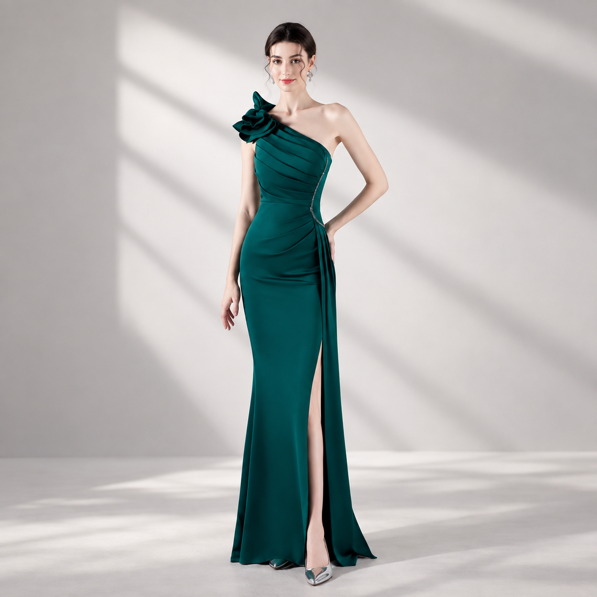 One Shoulder Flower Pleated Draped Prom Dress MYN1002